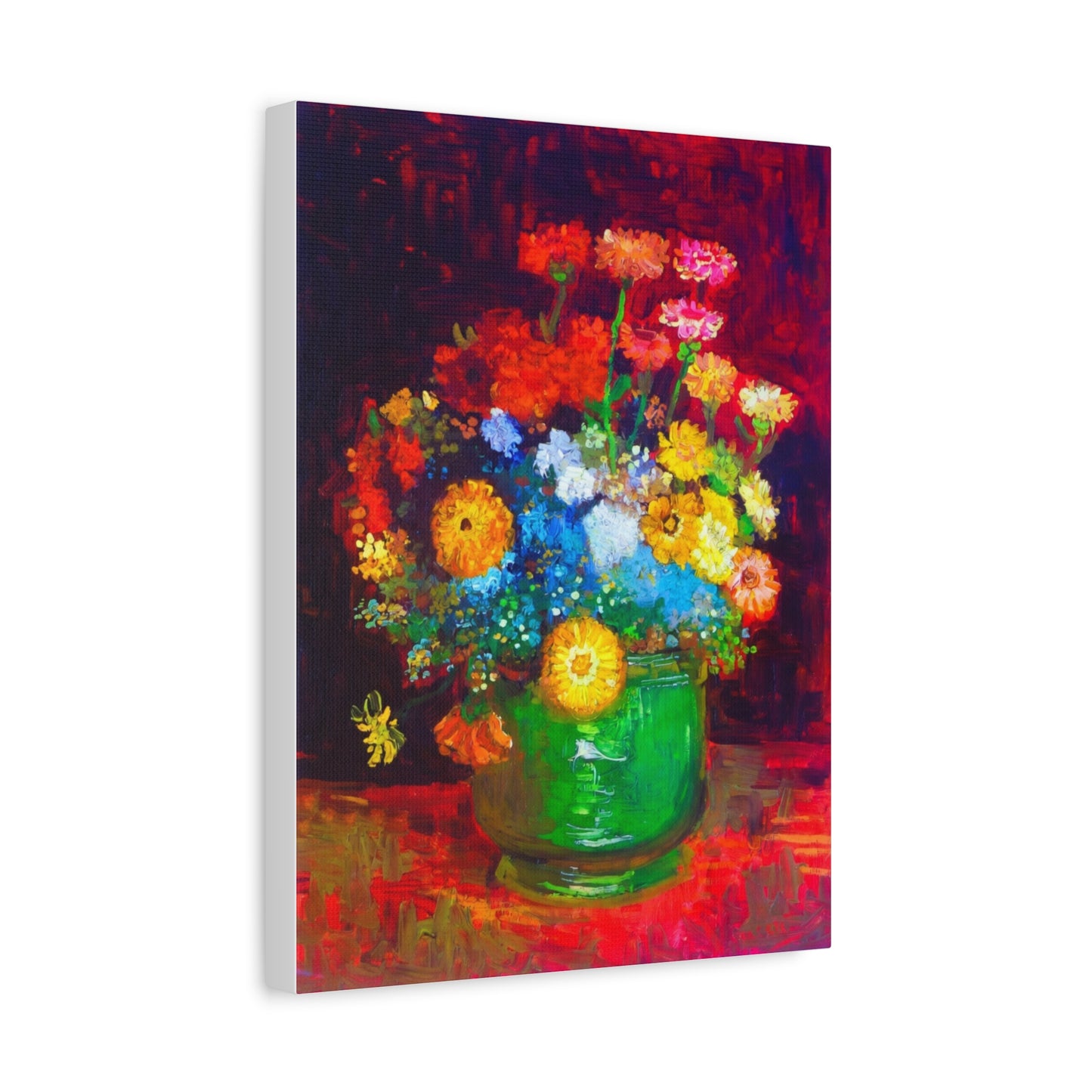 Floral Still Life Canvas Print — Vibrant Bouquet in Green Vase