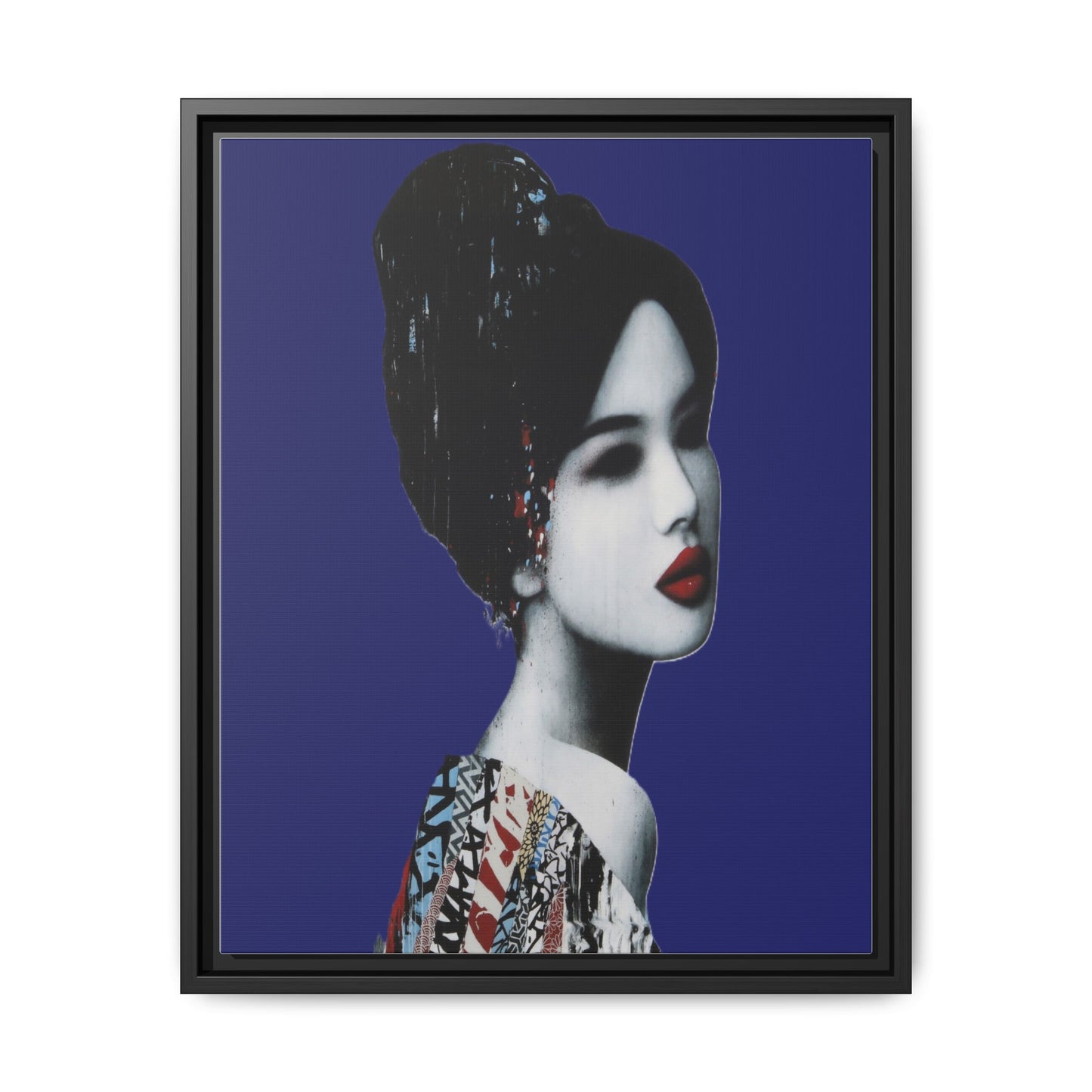 Framed Matte Canvas Art — Elegant Geisha Portrait on Deep Blue
