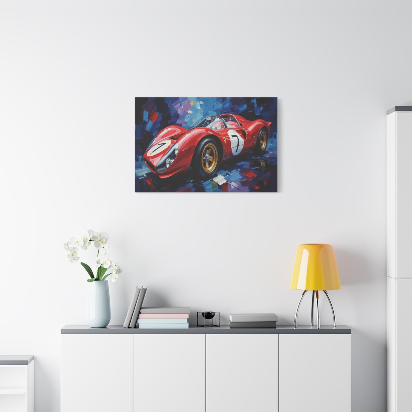Vintage Ferrari Racing Car Canvas Print — Red Classic Sports Car Artwork (Matte Stretched)