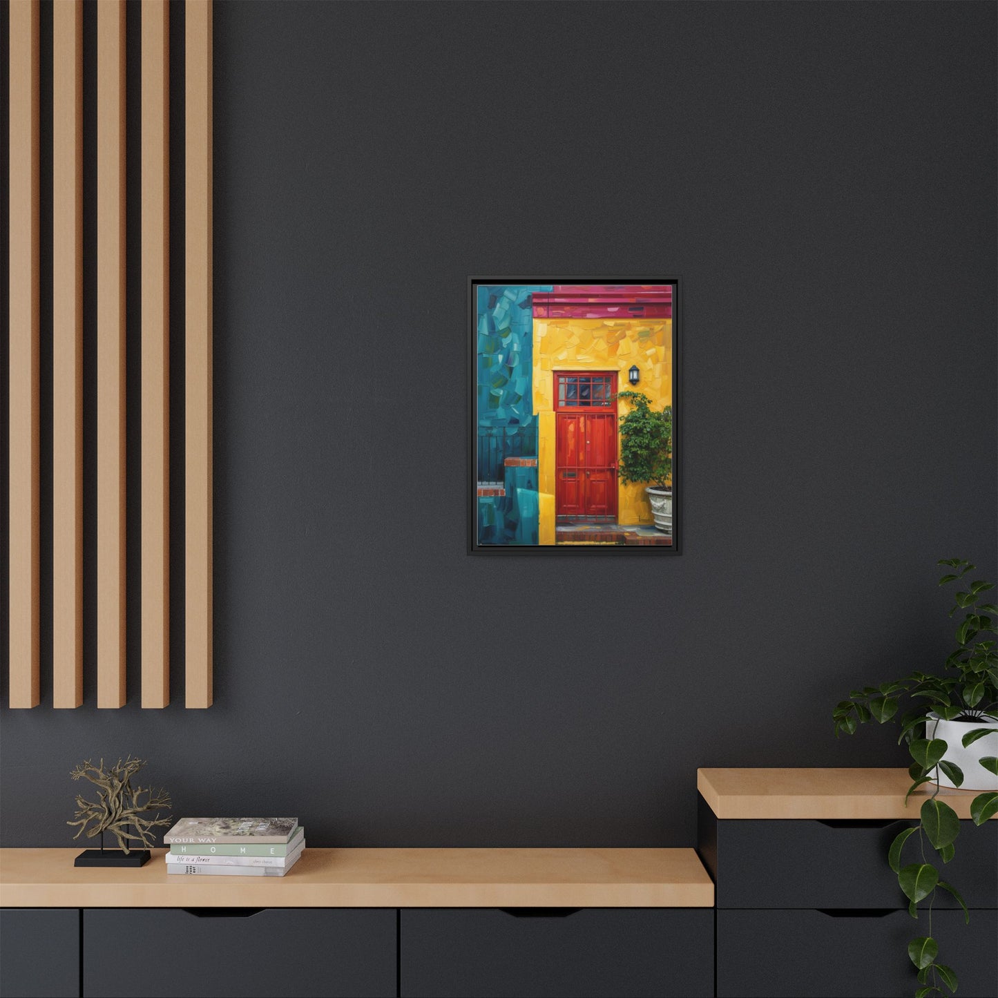 Framed Matte Canvas Wall Art — Colorful Red Door on Yellow Facade