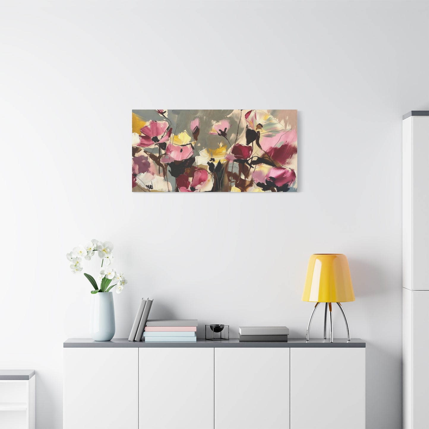 Floral Abstract Canvas Wall Art — Pink & Yellow Bloom Stretched Matte Print