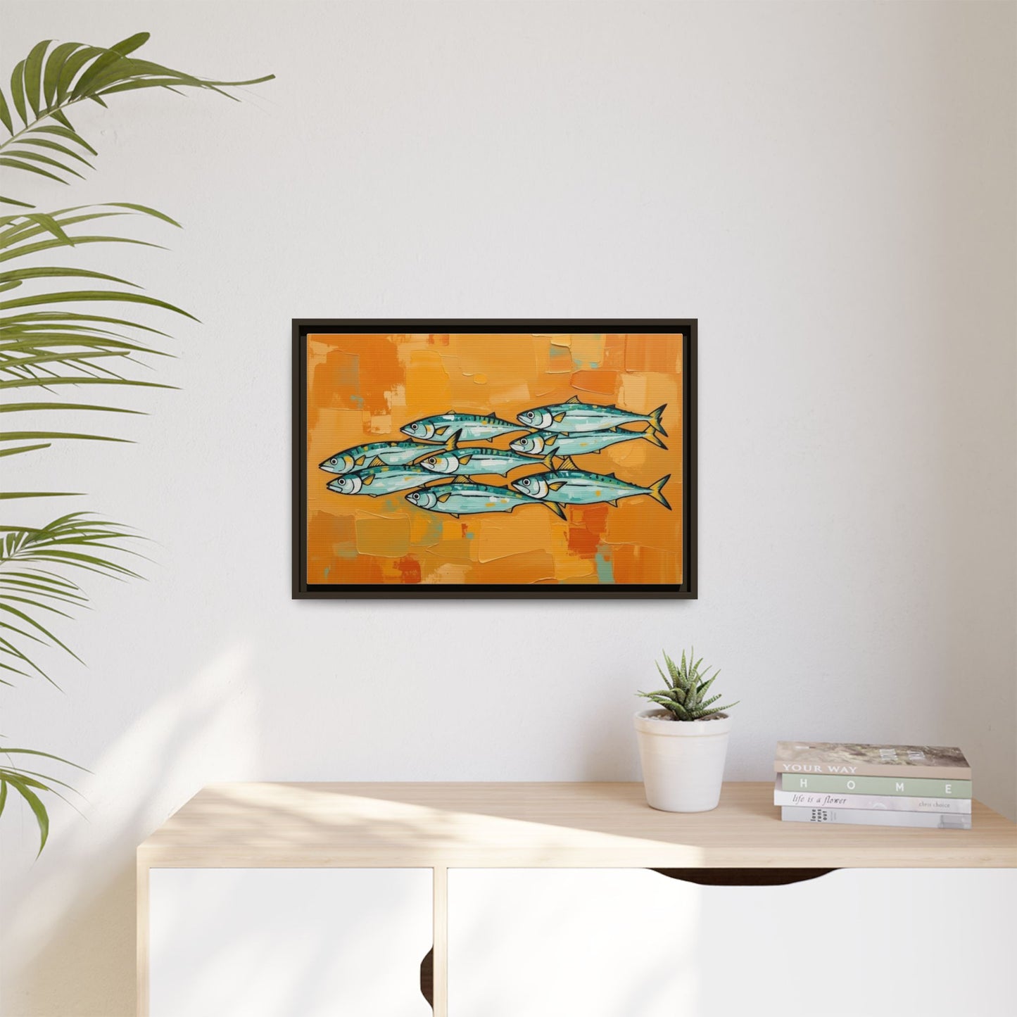 Framed Matte Canvas Print — School of Blue Fish on Orange Abstract Background