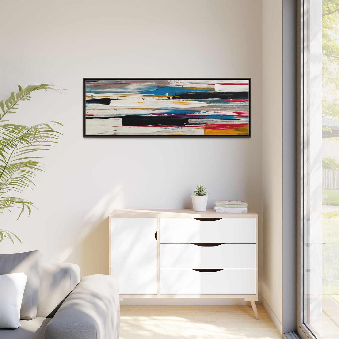 Abstract Multi-Color Framed Canvas Wall Art — Modern Horizontal Brushstroke Print