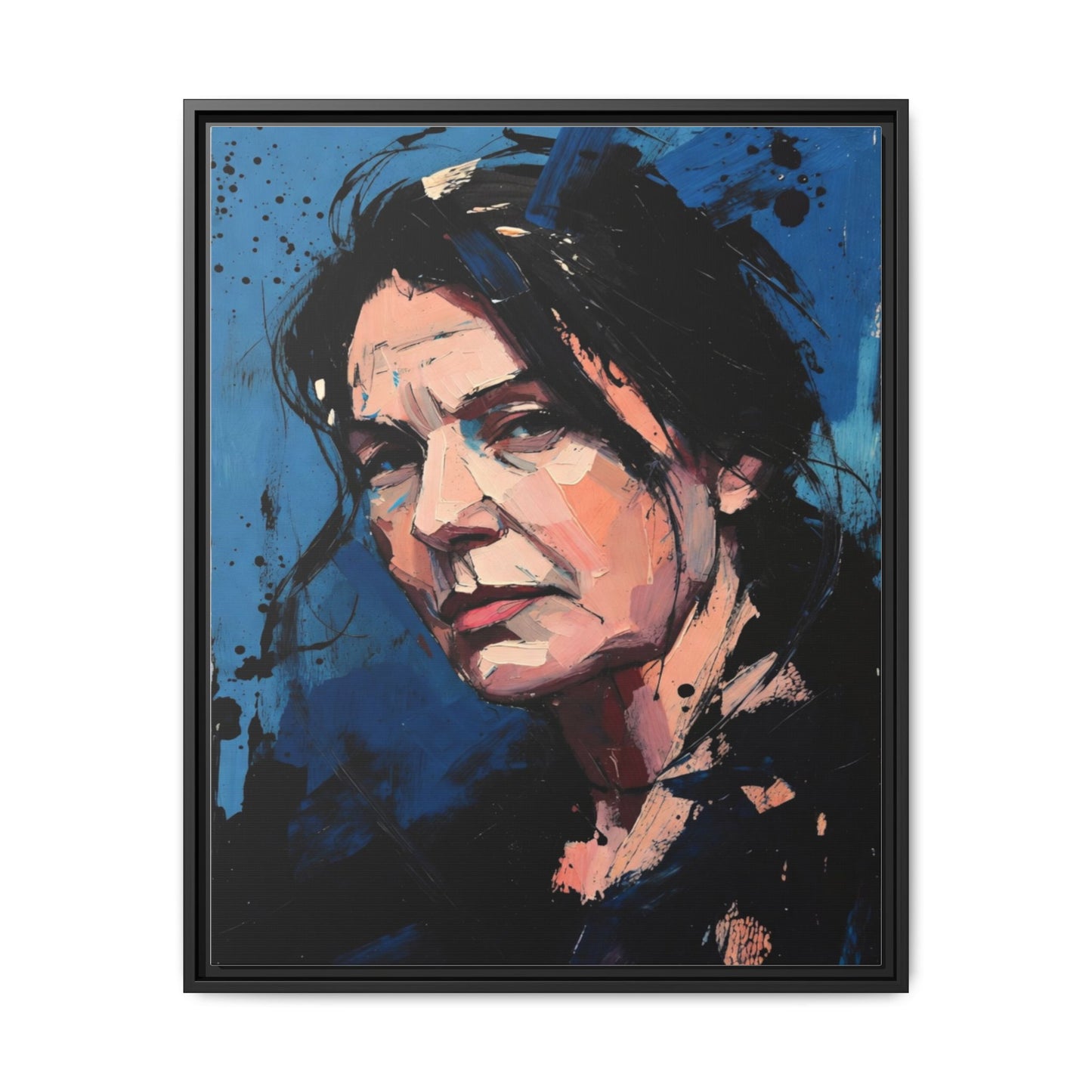 Framed Matte Canvas Portrait — Expressive Blue Painterly Woman Art