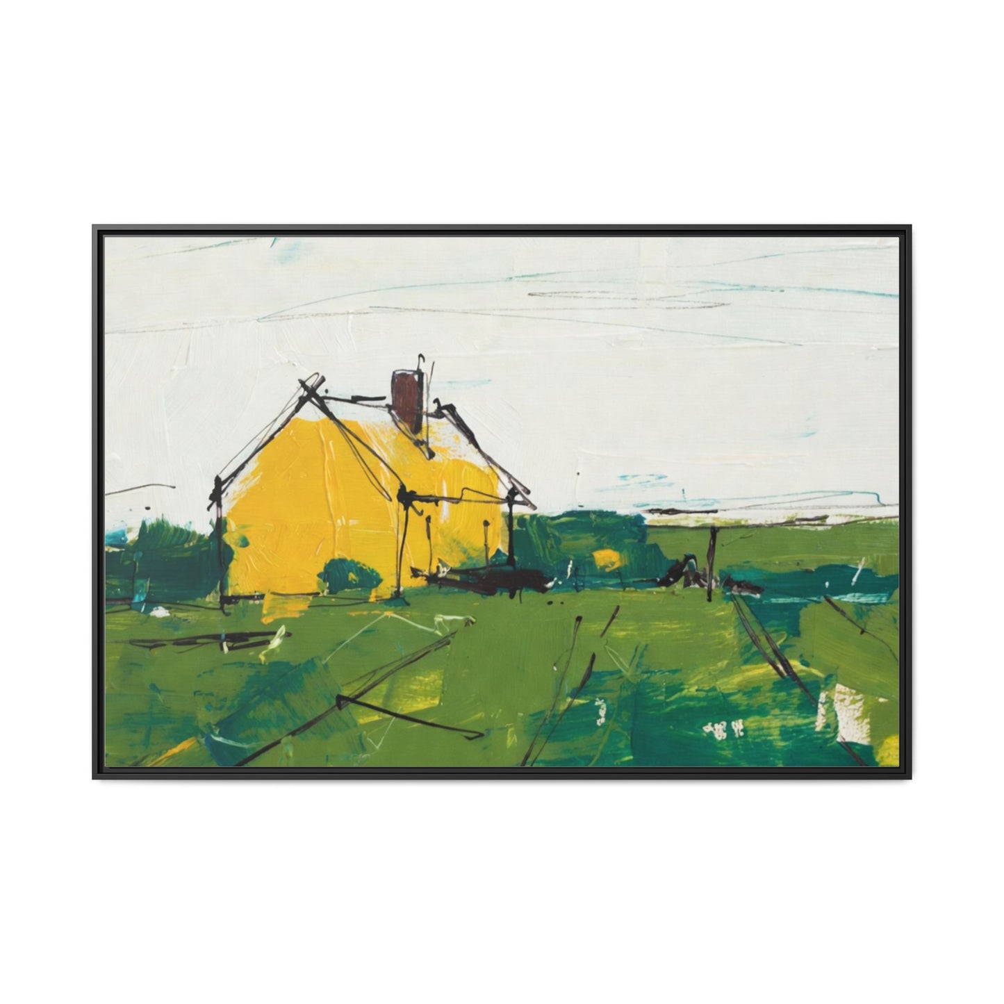 Yellow Cottage Landscape Framed Canvas Print