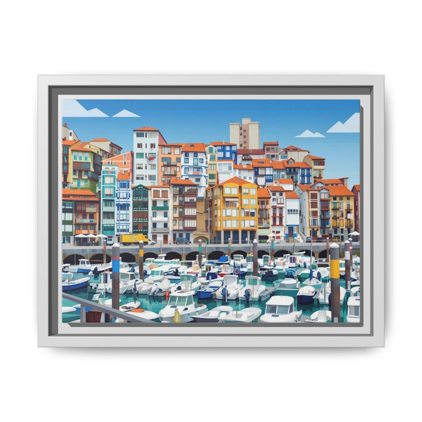 Framed Matte Canvas Print — Colorful Mediterranean Harbor Illustration