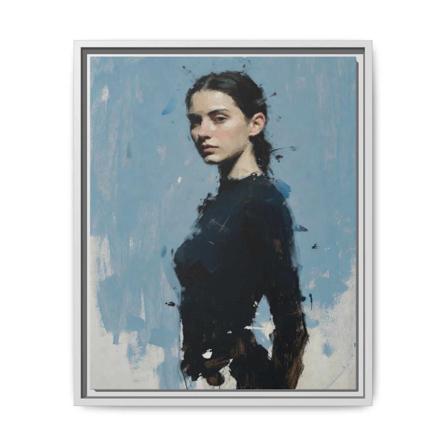 Framed Matte Canvas Portrait Print — Elegant Blue Woman Art
