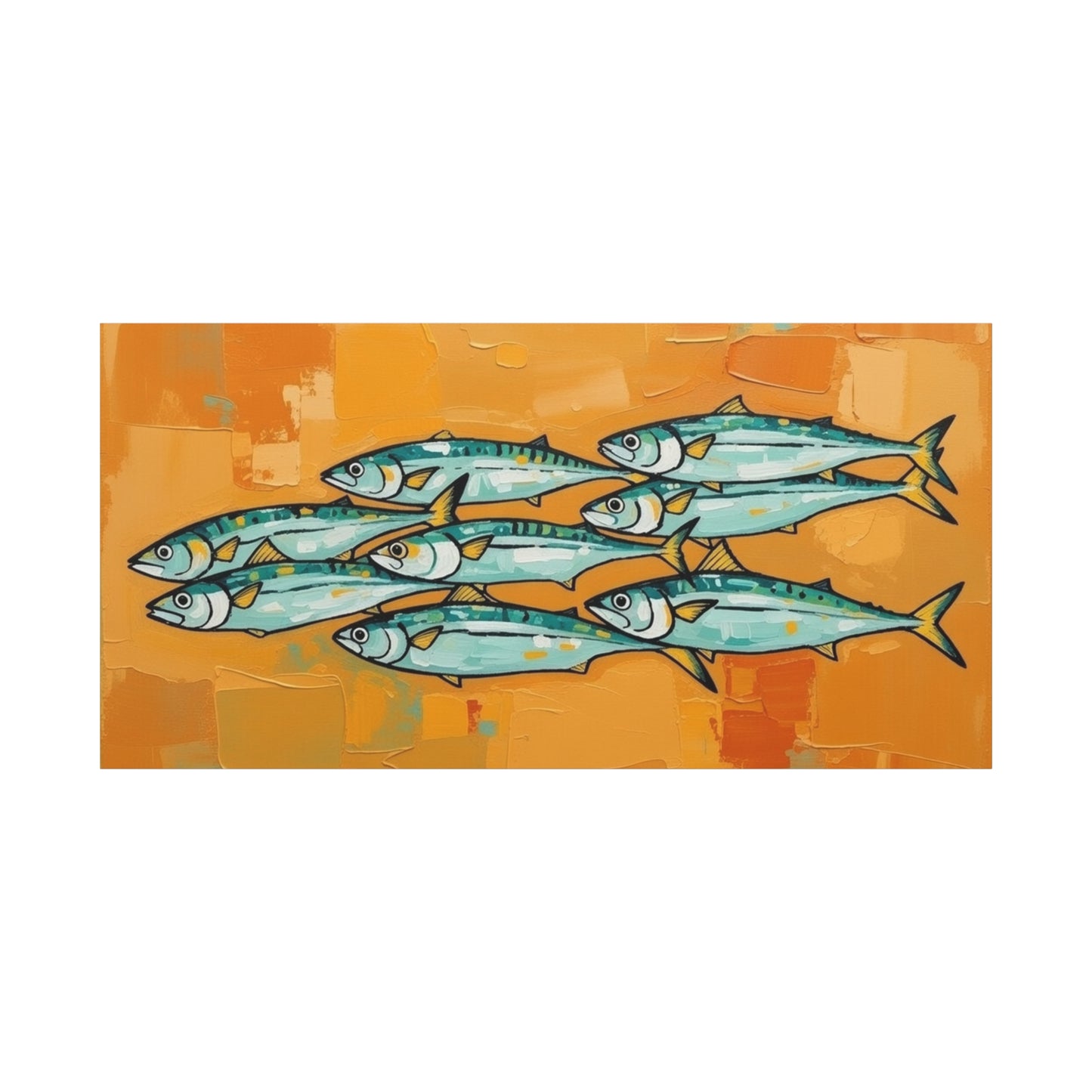School of Mackerel Canvas Wall Art — Nautical Fish Painting on Orange Background