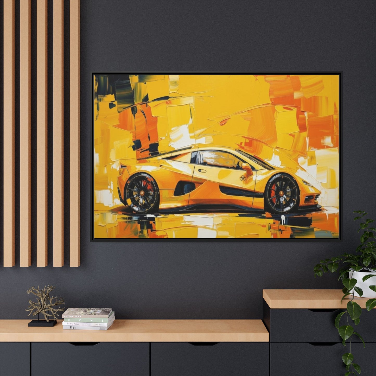 Yellow Sports Car Abstract Matte Canvas Framed Print