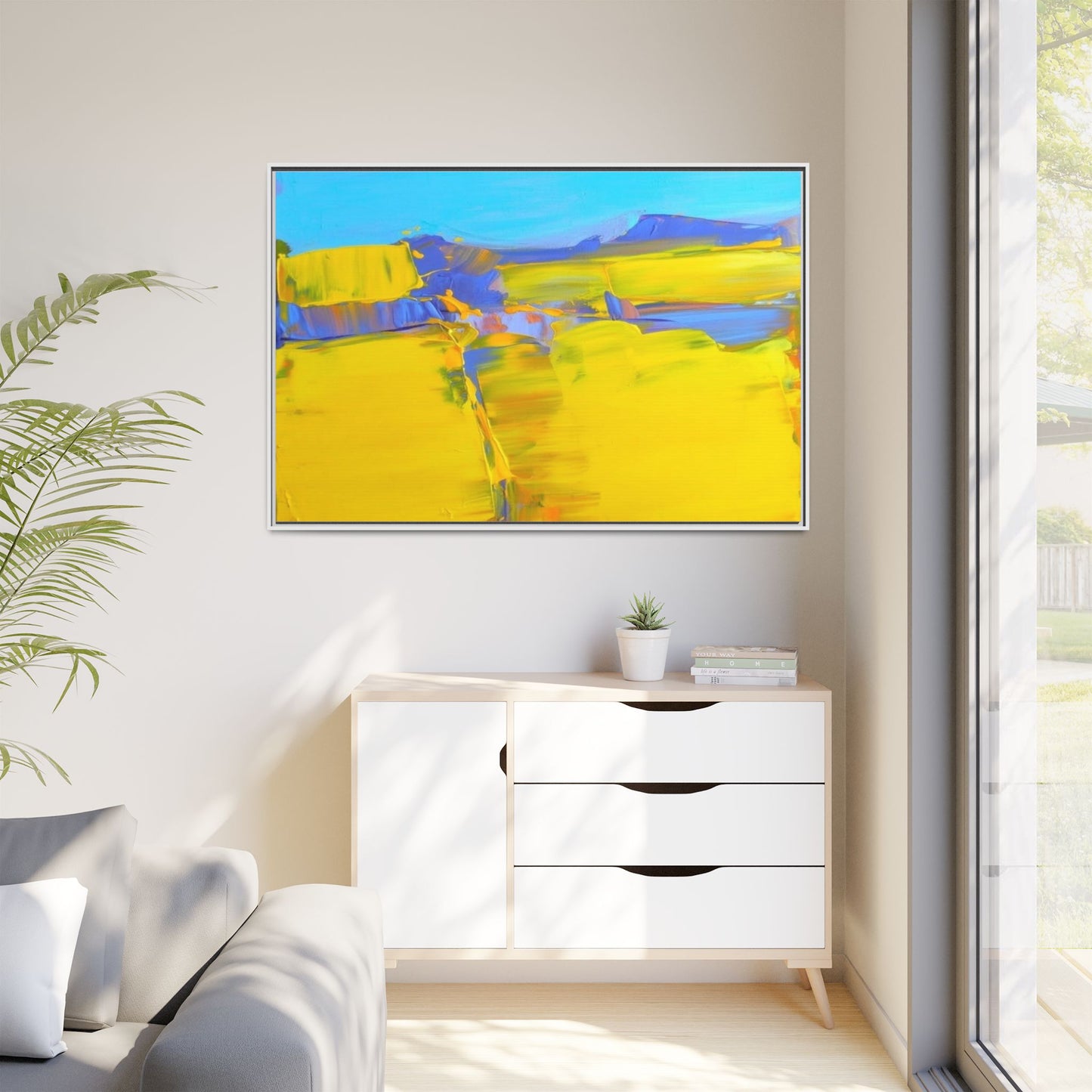 Framed Matte Canvas  Vibrant Yellow Blue Abstract Landscape Art