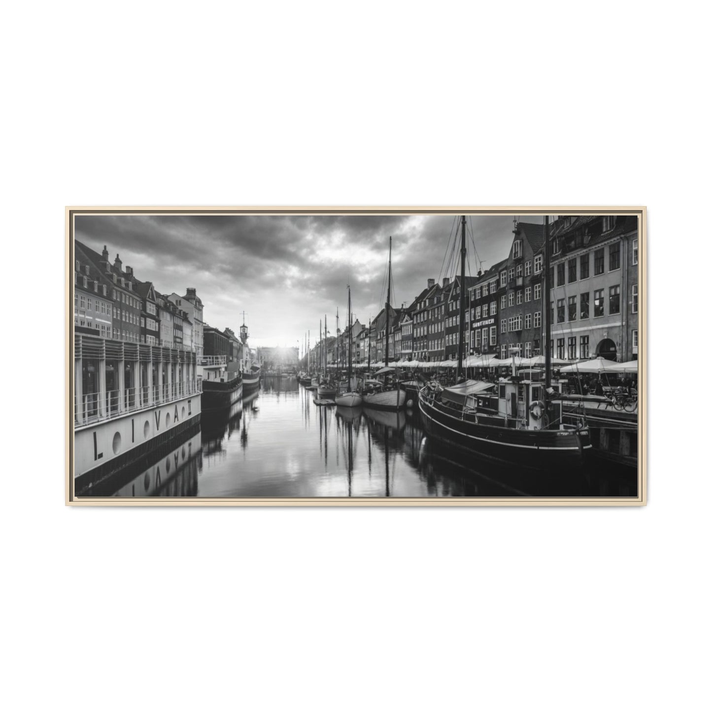 Framed Matte Canvas: Black & White Dutch Canal Photography Wall Art