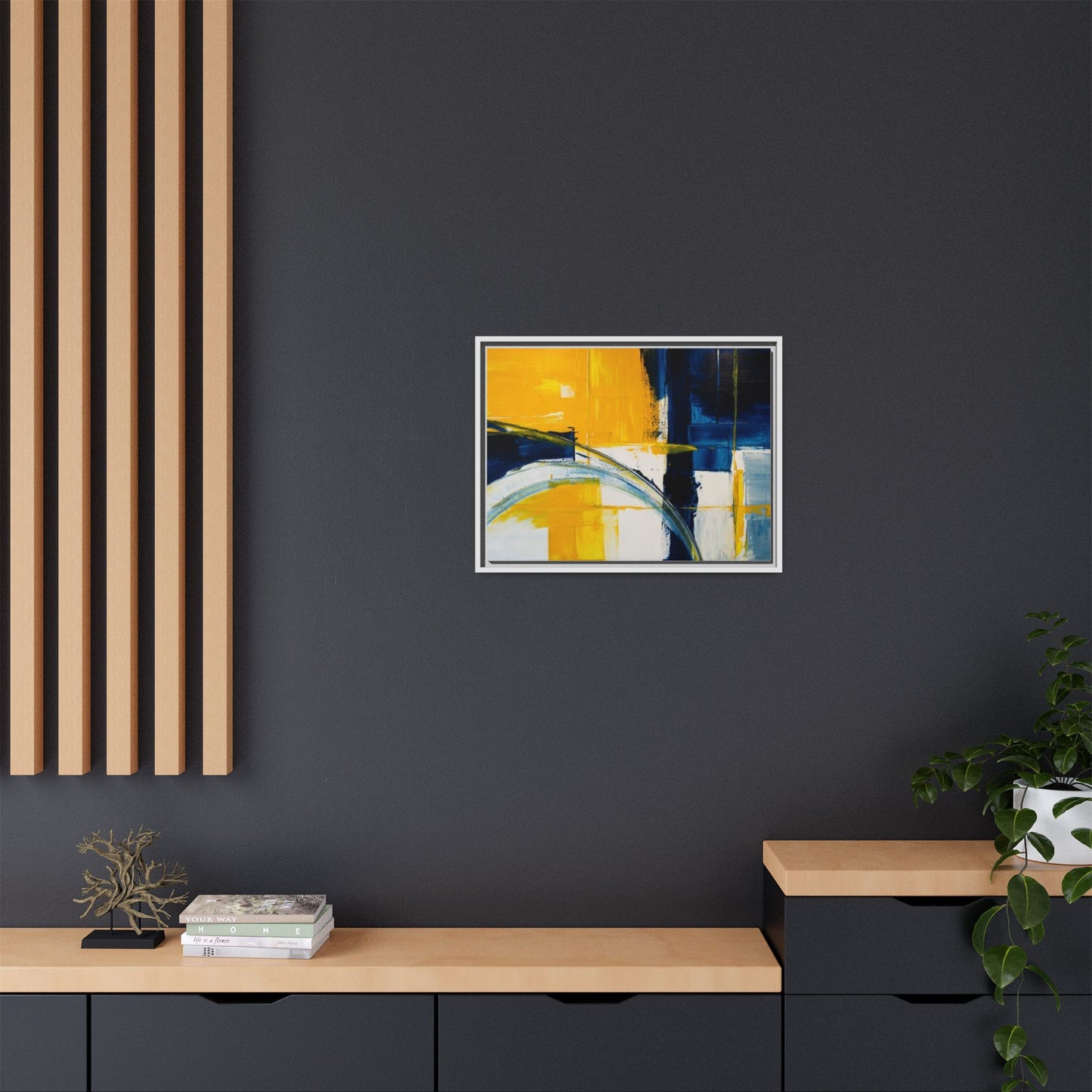 Abstract Yellow & Blue Framed Canvas Wall Art — Modern Matte Canvas Print