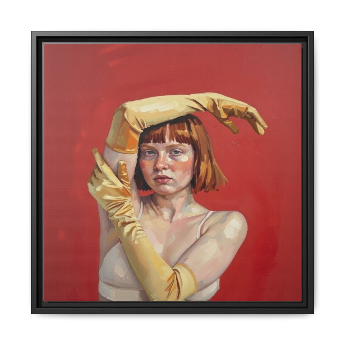 Framed Matte Canvas Art - Portrait of Woman in Yellow Gloves (Red Background)
