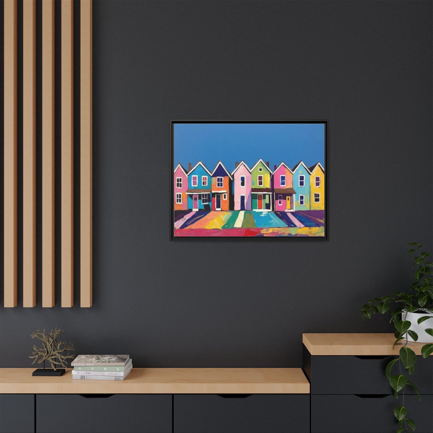 Colorful Beach Houses Matte Canvas Framed Wall Art