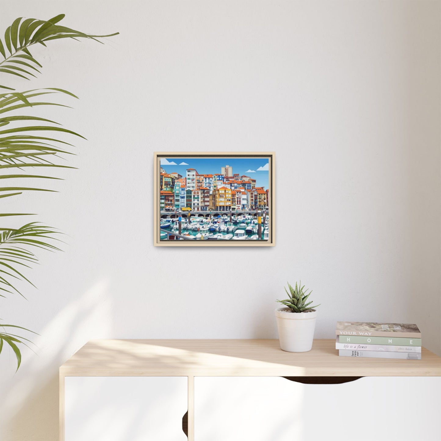 Framed Matte Canvas Print — Colorful Mediterranean Harbor Illustration