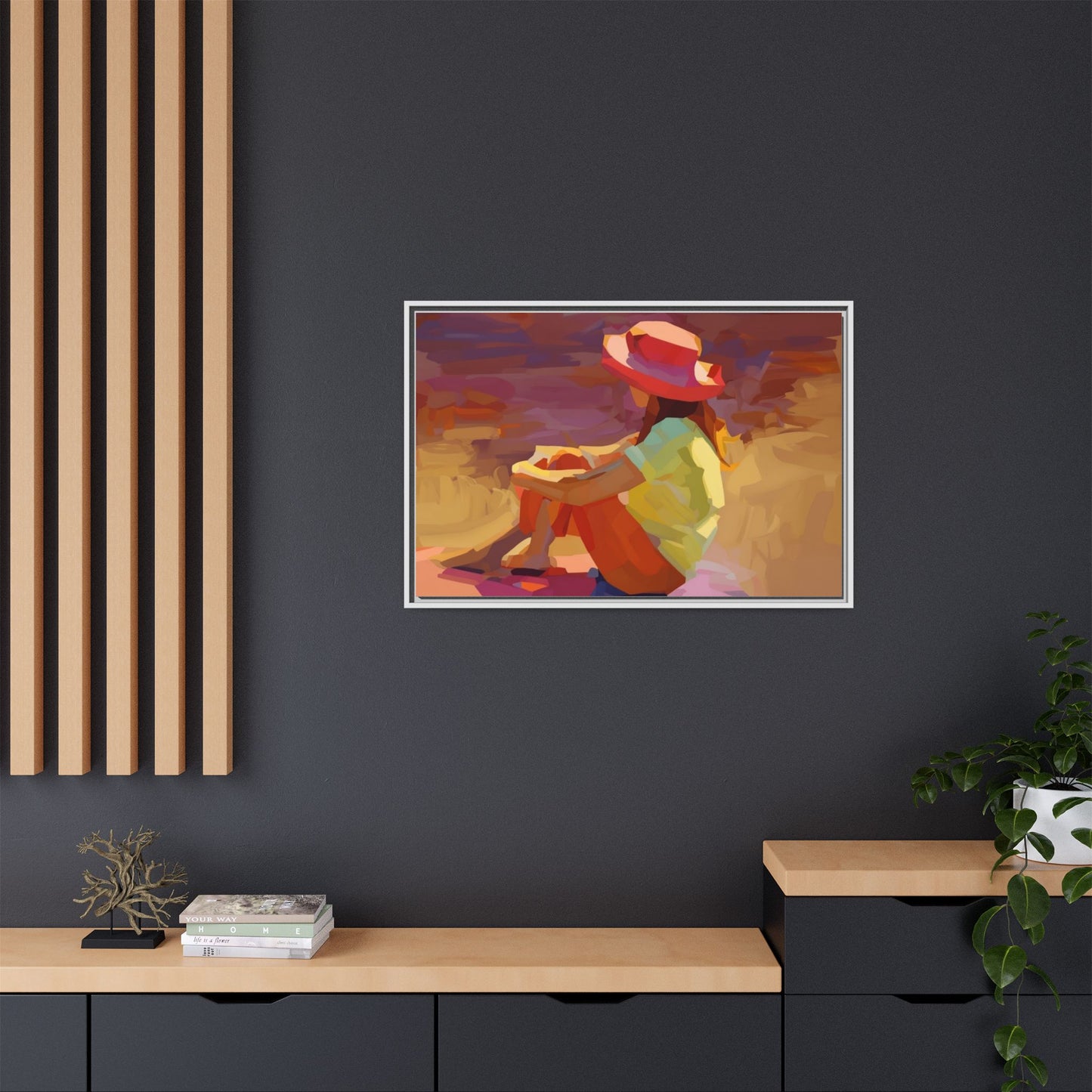 Framed Matte Canvas — Colorful Seated Girl Beach Art