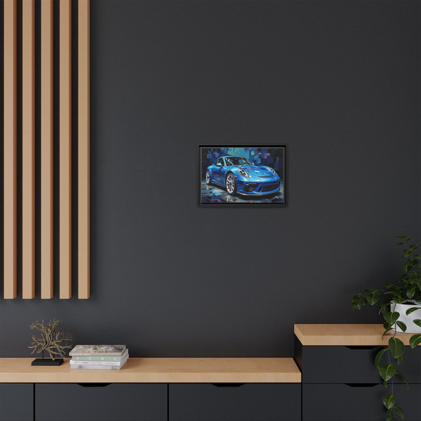 Blue Sports Car Matte Canvas Framed Print — Modern Automotive Wall Art