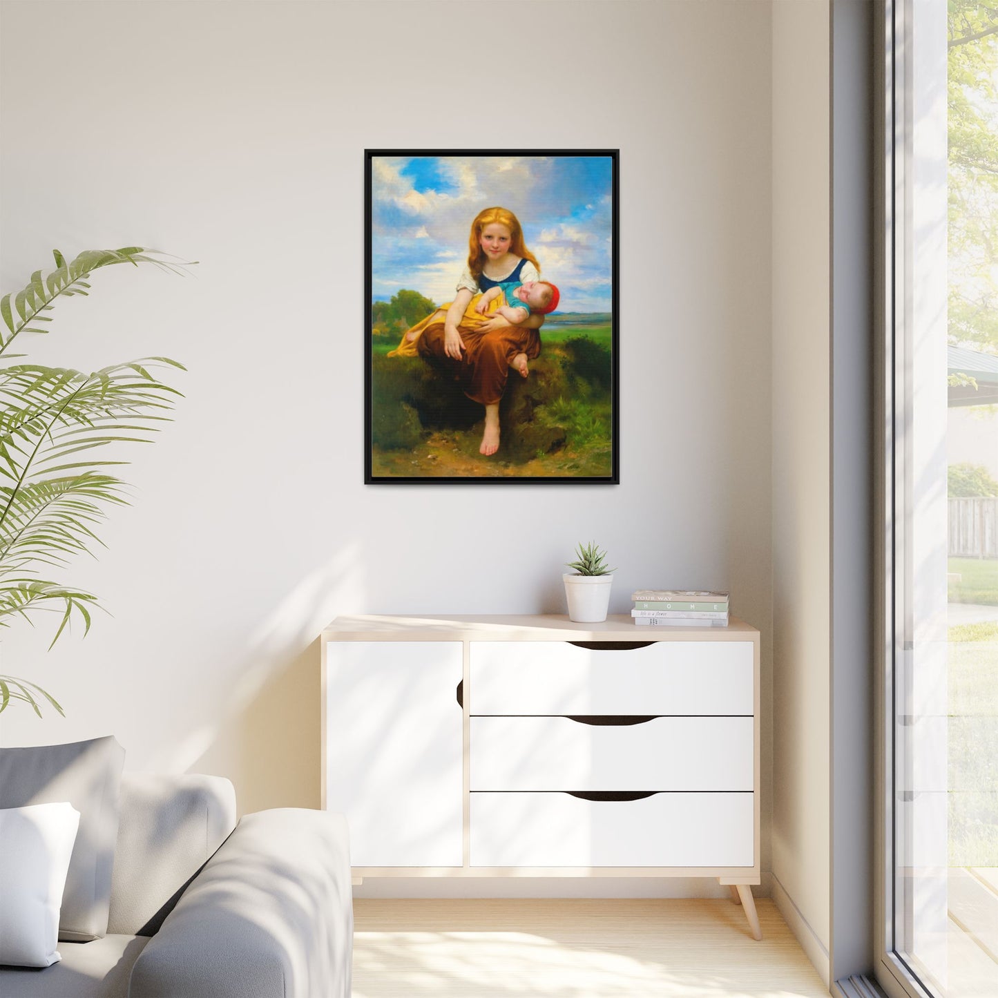Young Girl Holding Sleeping Baby Canvas Print, Framed Wall Art