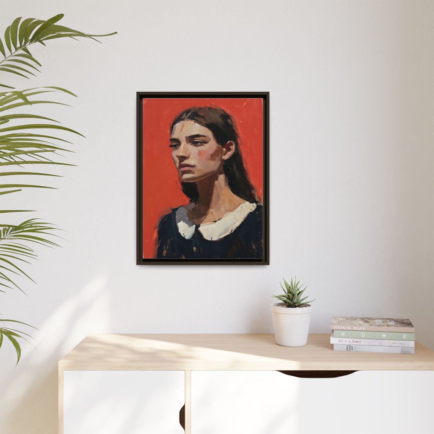 Framed Matte Canvas Portrait Print — Moody Red Figurative Art