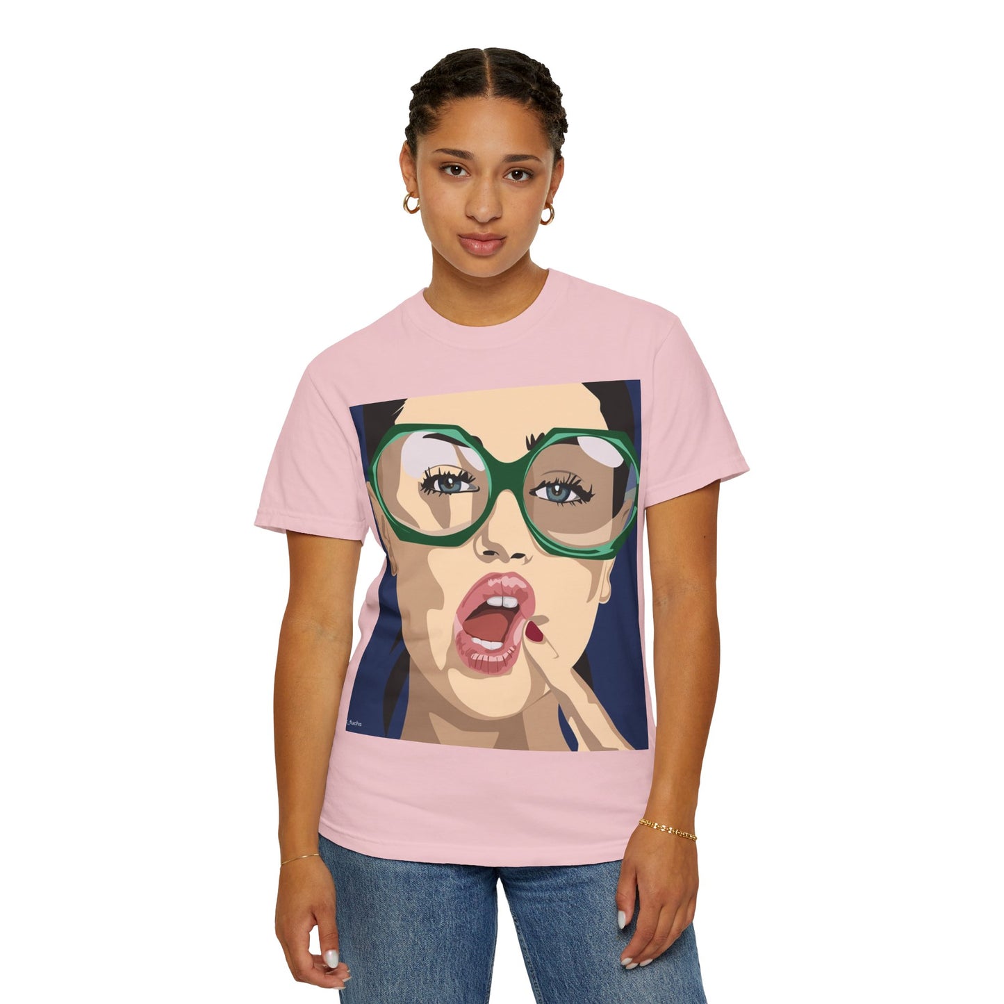 Pop Art Woman Graphic T‑Shirt — Retro Chic Green Glasses Design