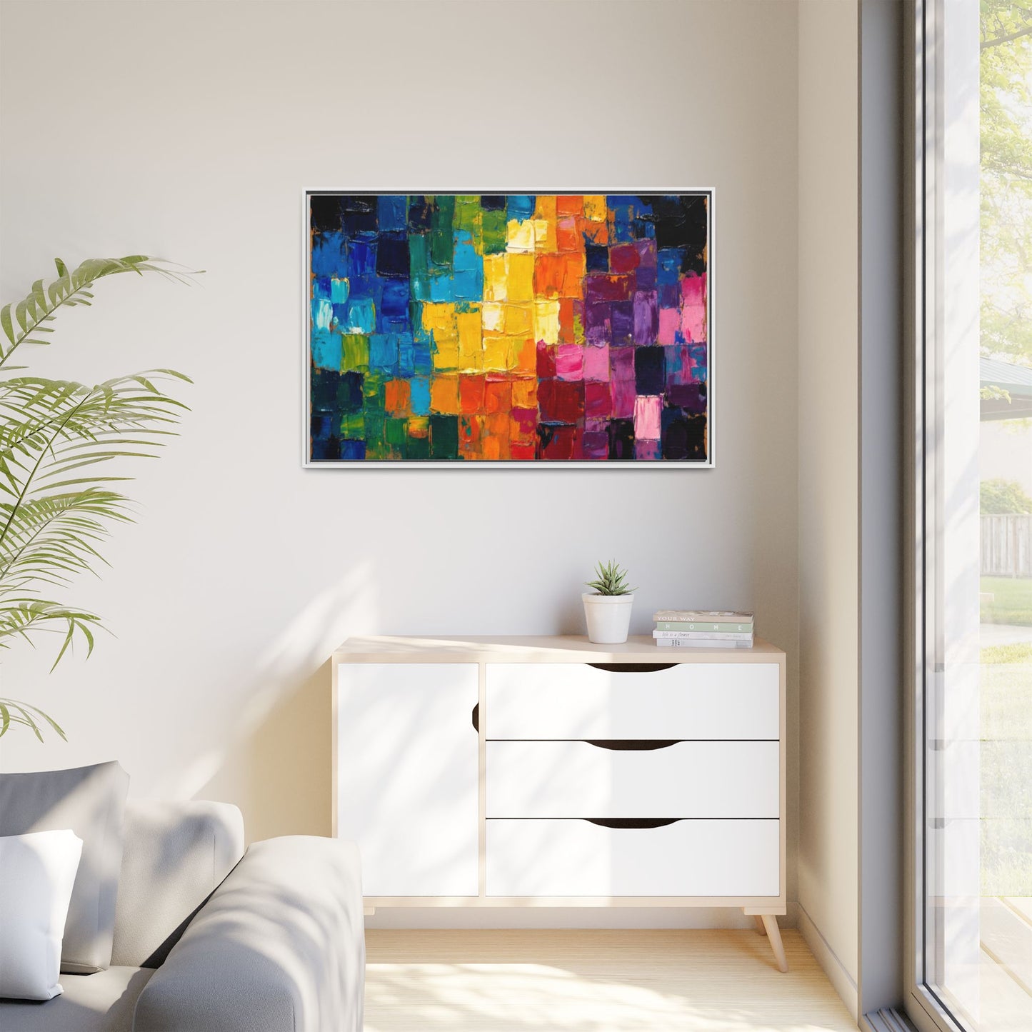 Abstract Rainbow Mosaic Framed Canvas Print — Colorful Modern Wall Art