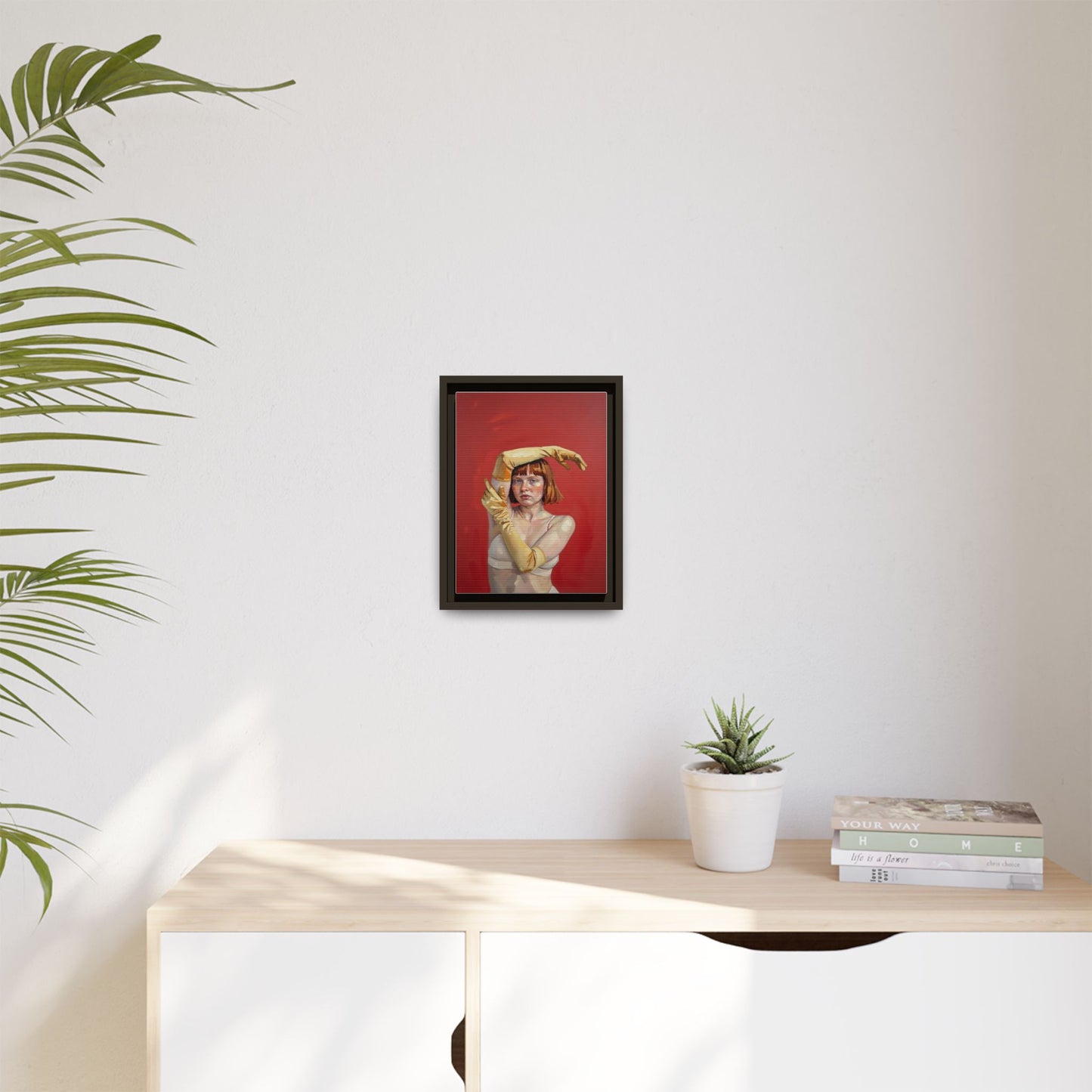 Framed Matte Canvas Art - Portrait of Woman in Yellow Gloves (Red Background)