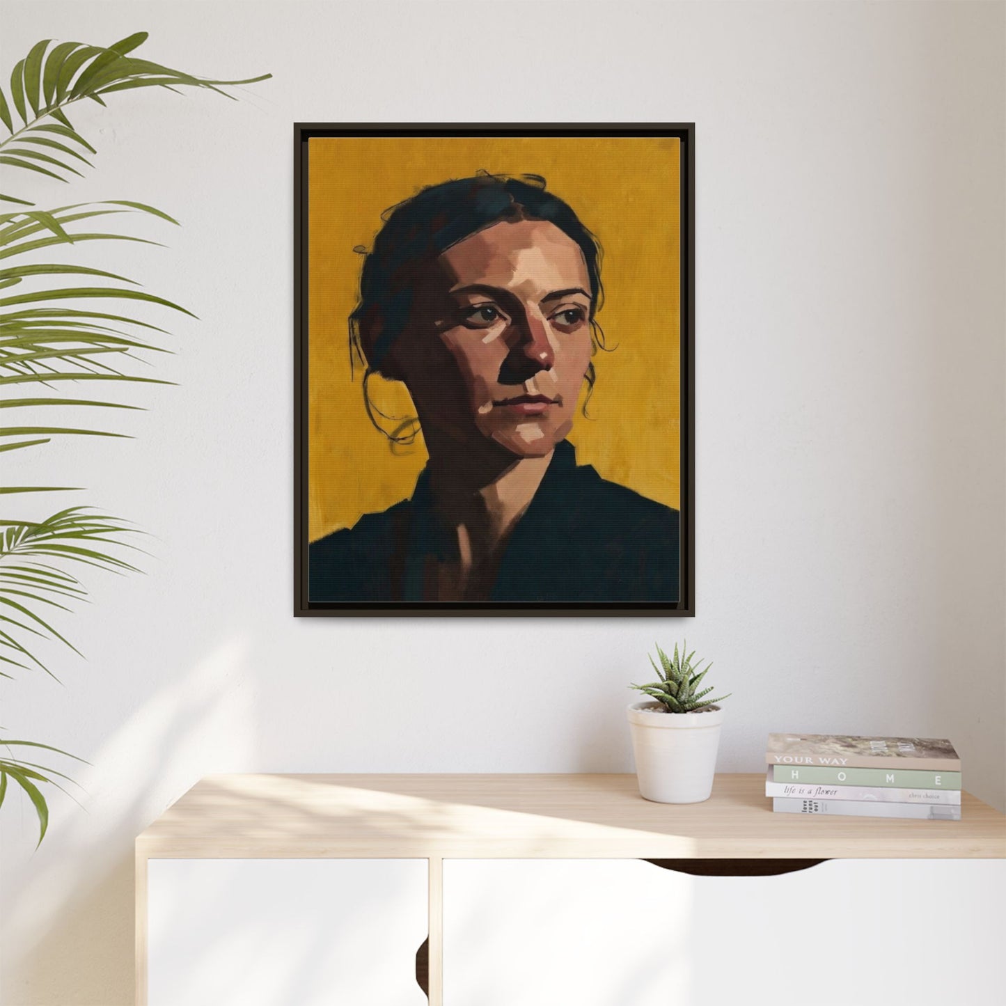 Framed Matte Canvas Portrait Art — Moody Woman on Mustard Background