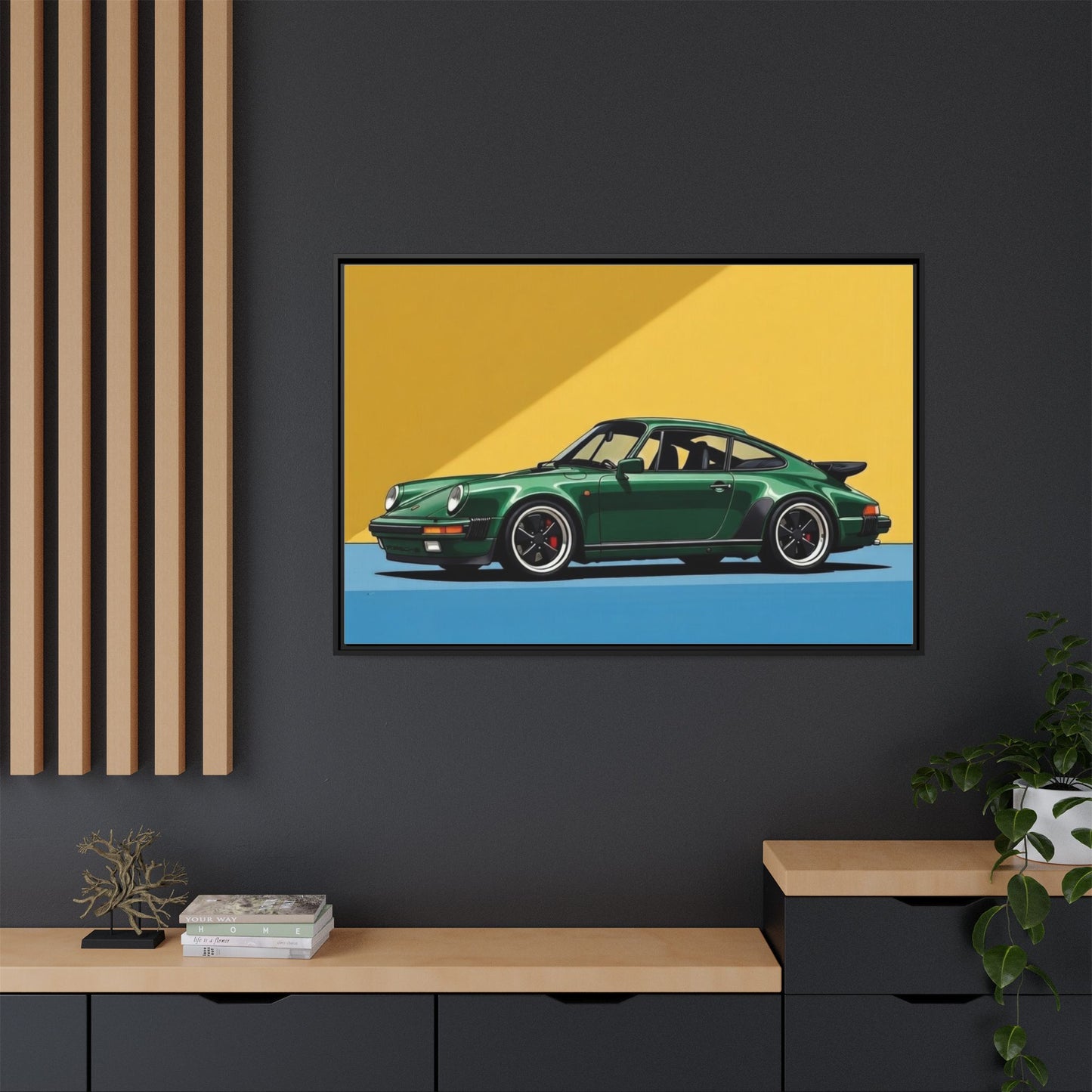 Framed Matte Canvas — Green Sports Car Wall Art