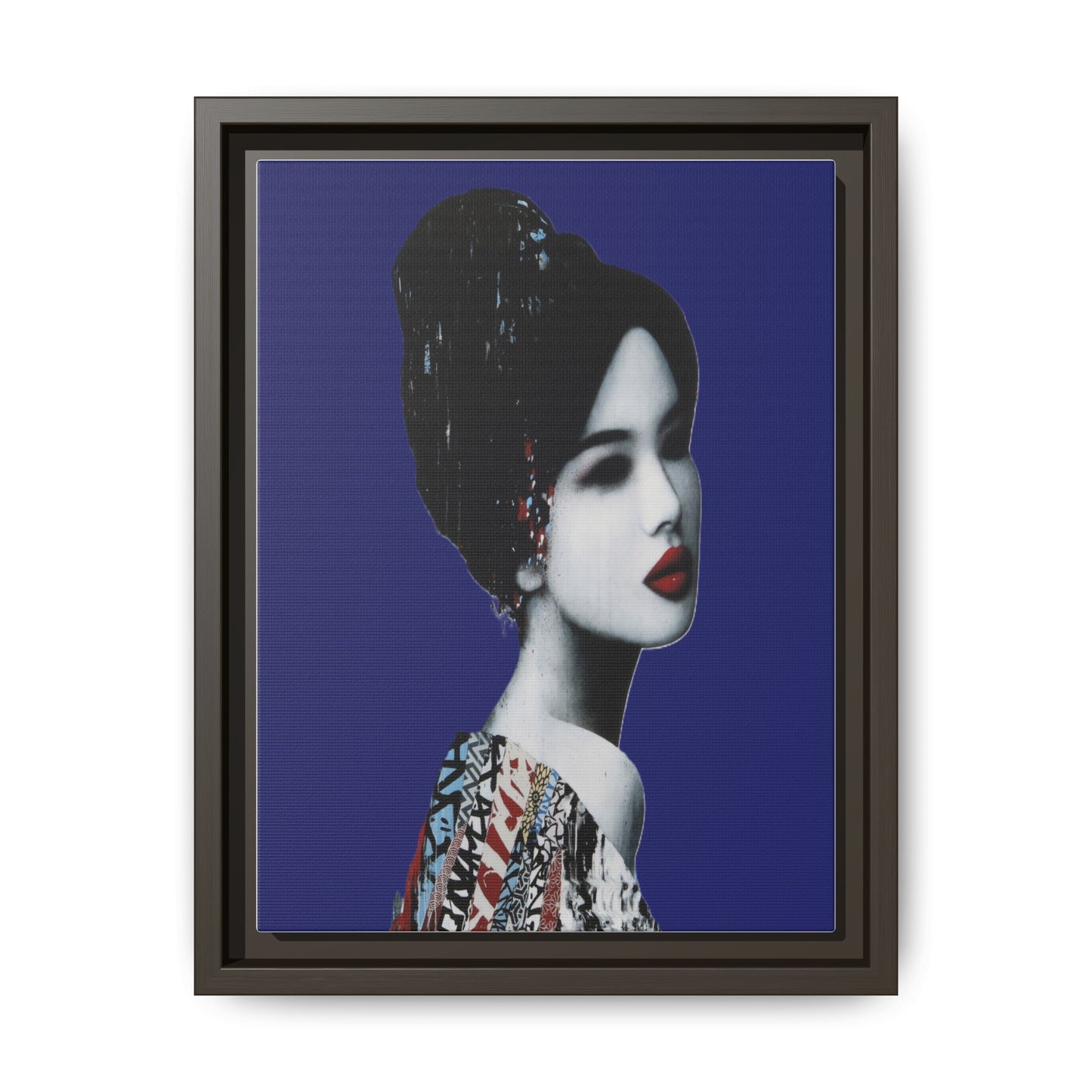 Framed Matte Canvas Art — Elegant Geisha Portrait on Deep Blue