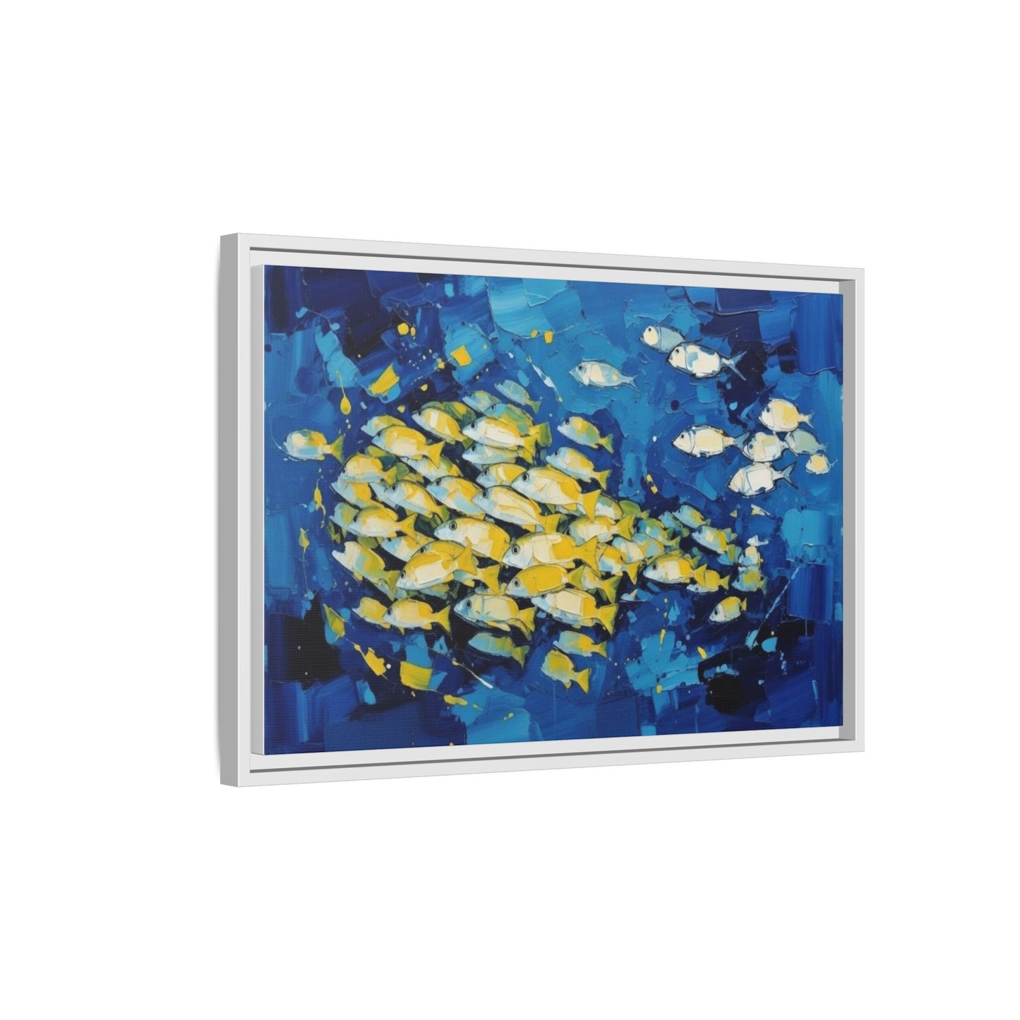 Framed Matte Canvas: Blue School of Fish Wall Art