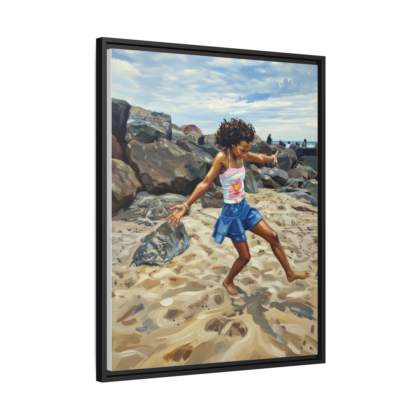 Framed Canvas Art - Girl Dancing on the Beach (Matte Multi-Color)