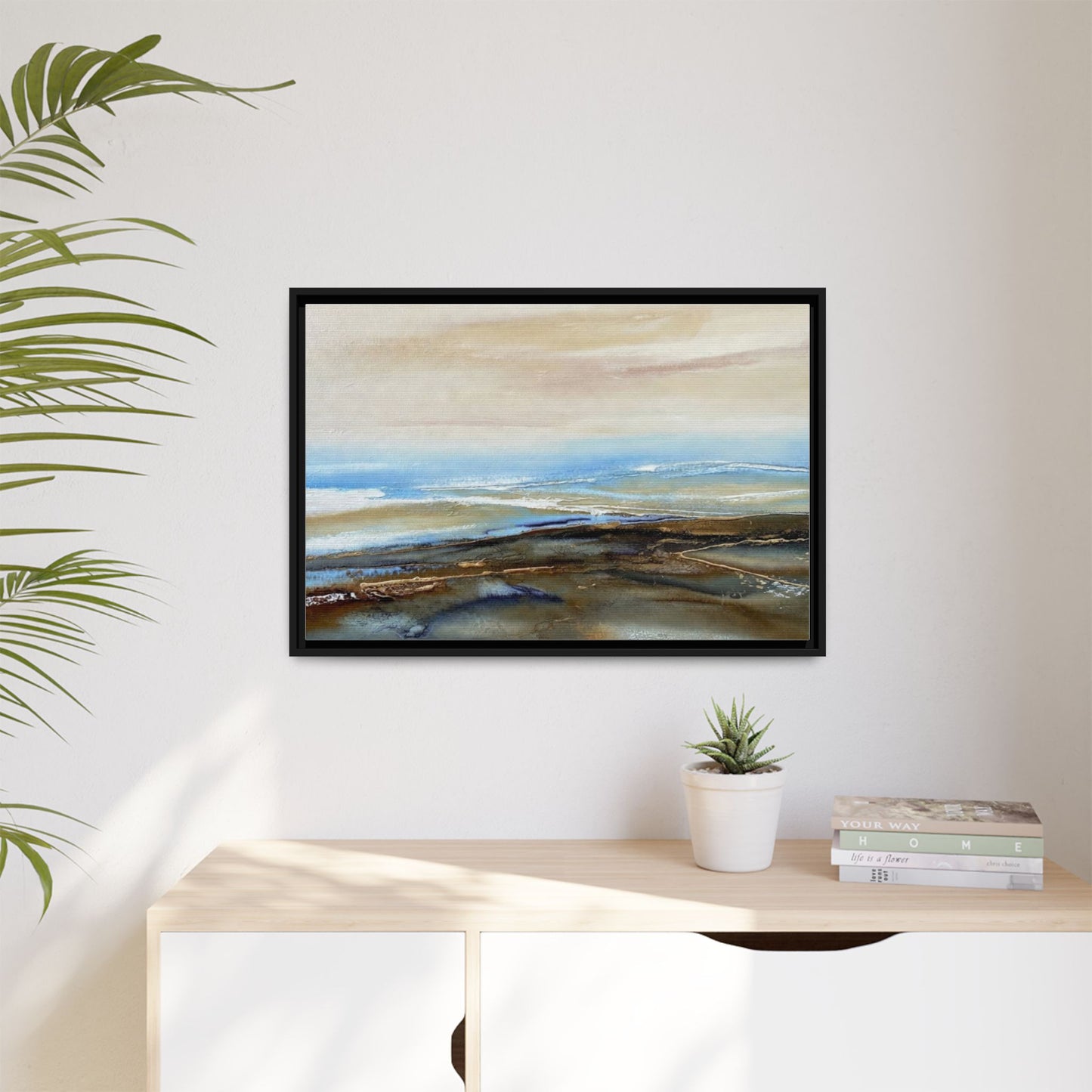 Framed Abstract Seascape Matte Canvas — Coastal Blue & Earth Tone Wall Art