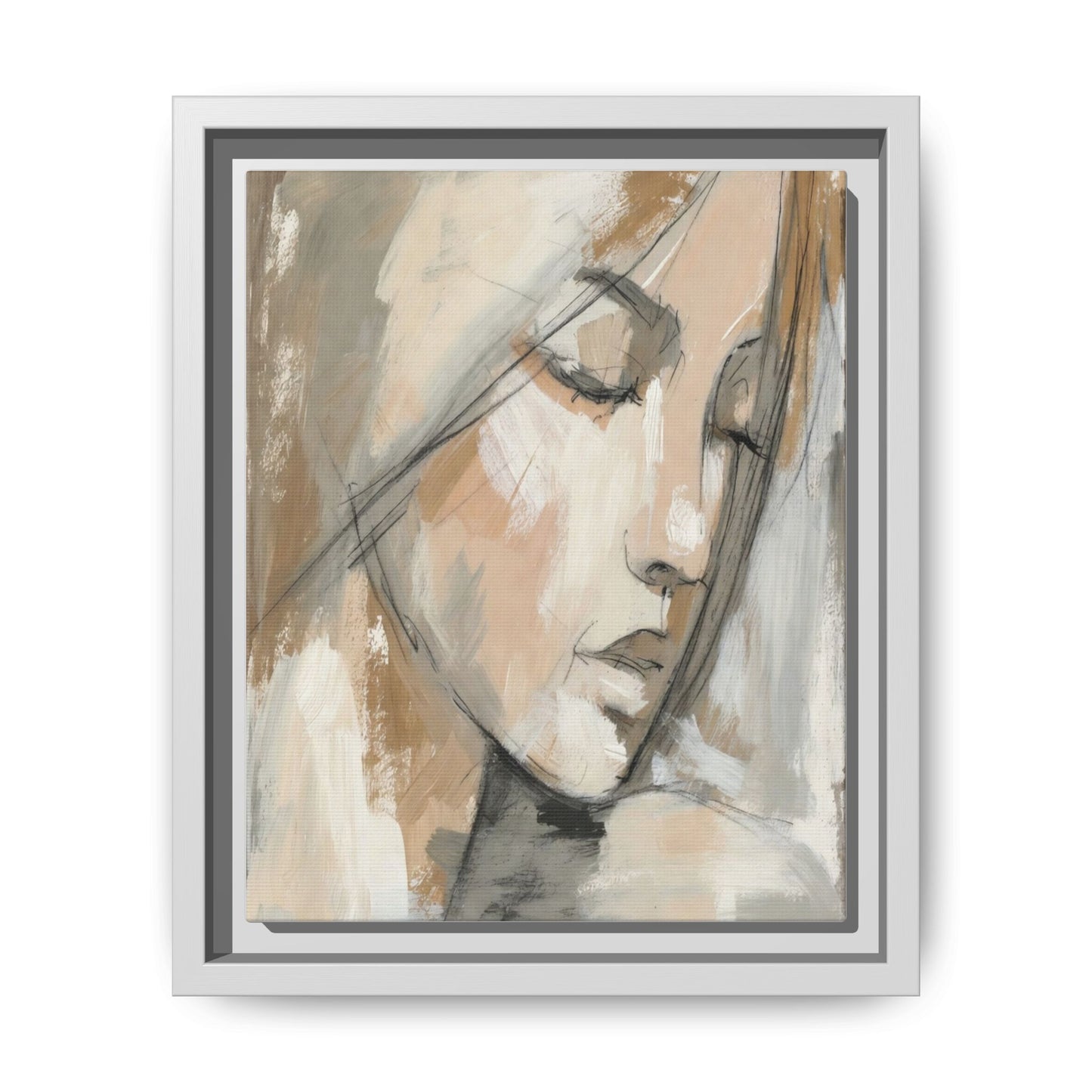Framed Matte Canvas Art — Serene Abstract Portrait in Neutrals