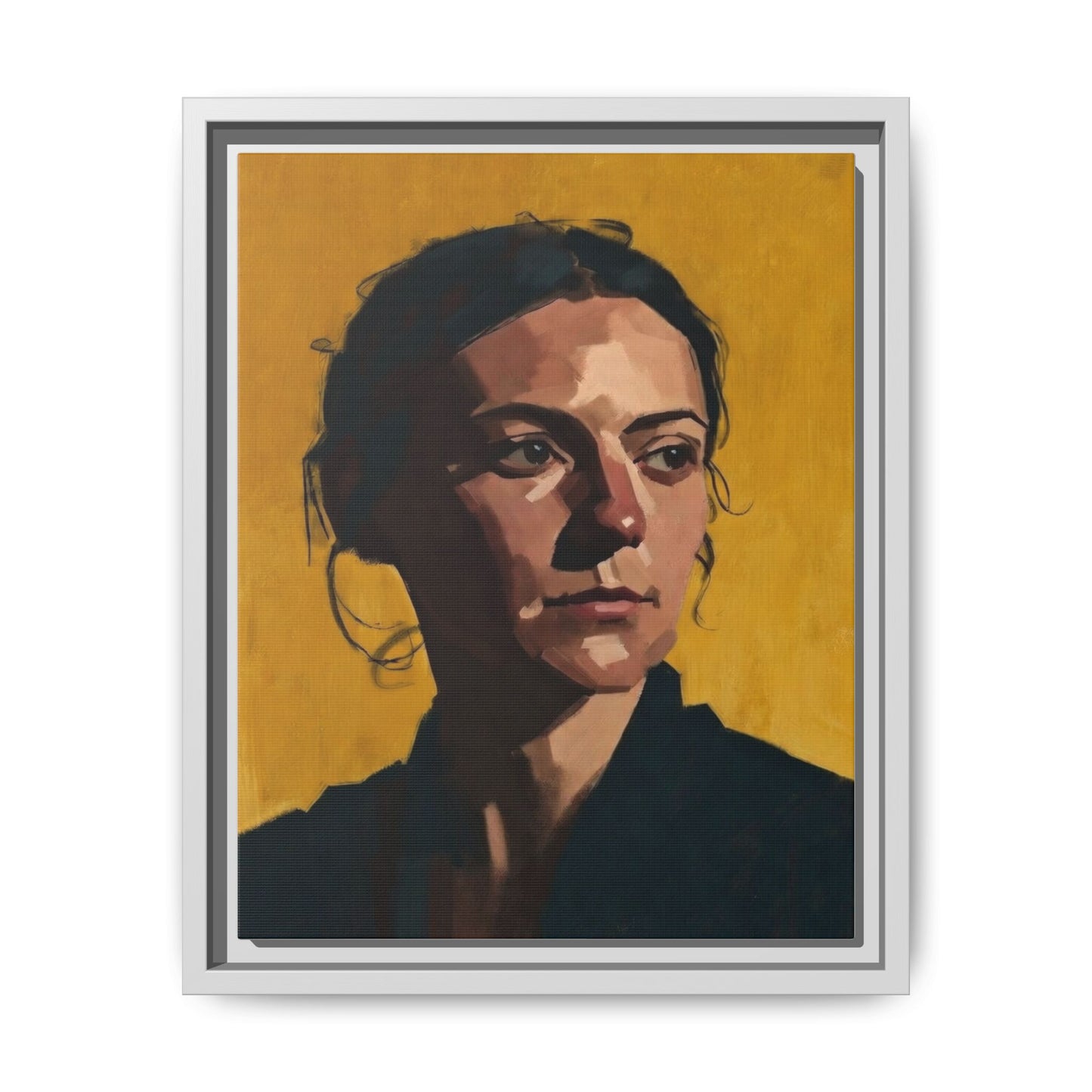 Framed Matte Canvas Portrait Art — Moody Woman on Mustard Background