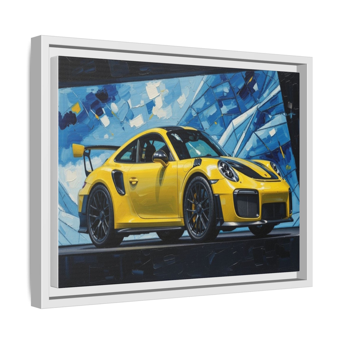 Yellow Porsche Sports Car Matte Framed Canvas – Modern Automotive Wall Art