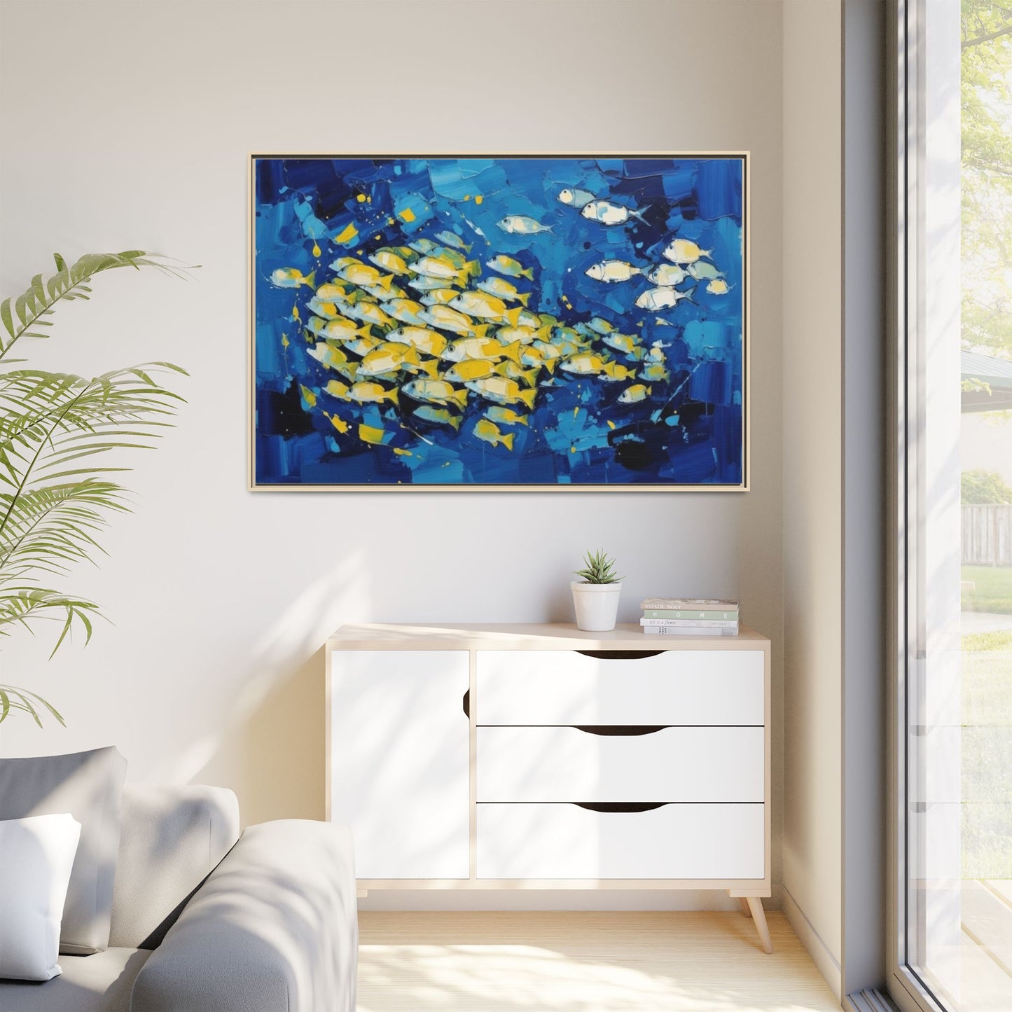 Framed Matte Canvas: Blue School of Fish Wall Art