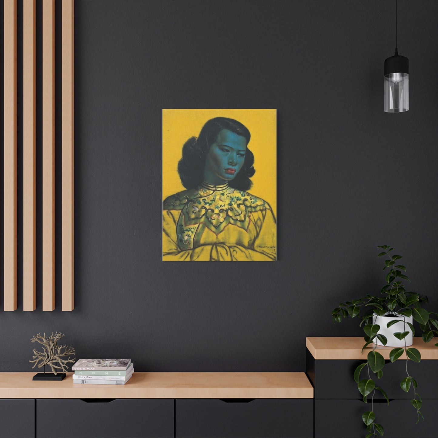 Vintage Portrait Canvas Print — Mid-Century Asian Woman Art on Yellow Background