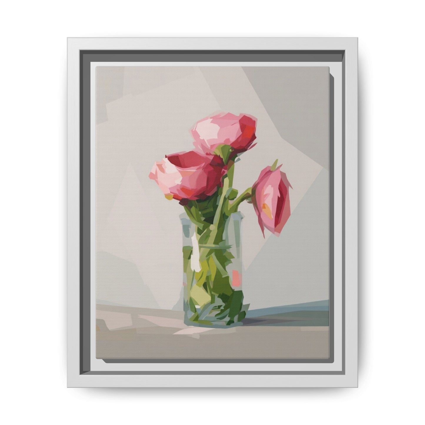 Framed Canvas Art — Pink Roses in Vase, Modern Floral Wall Print