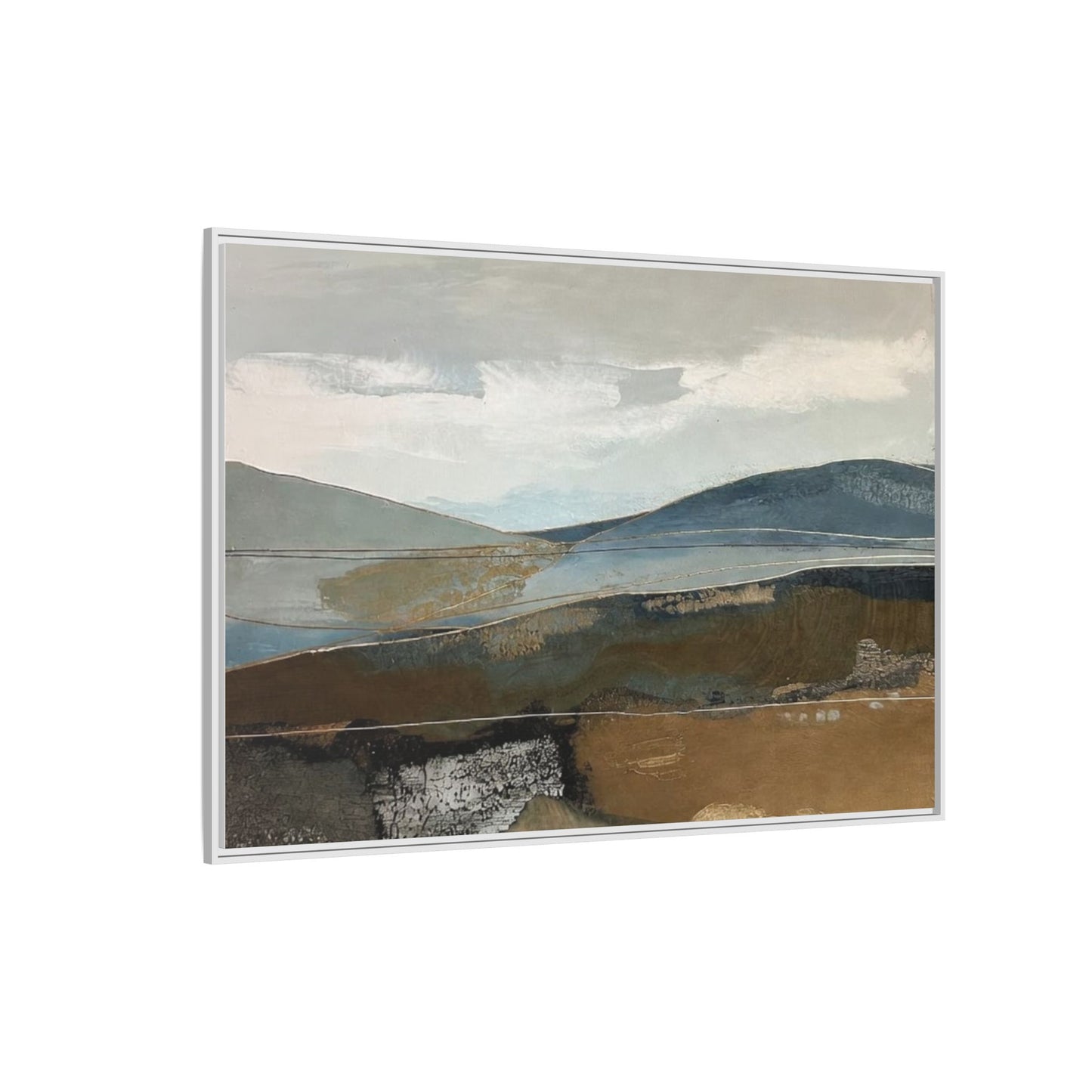 Framed Matte Canvas Landscape Art - Serene Abstract Hills in Blue & Earth Tones