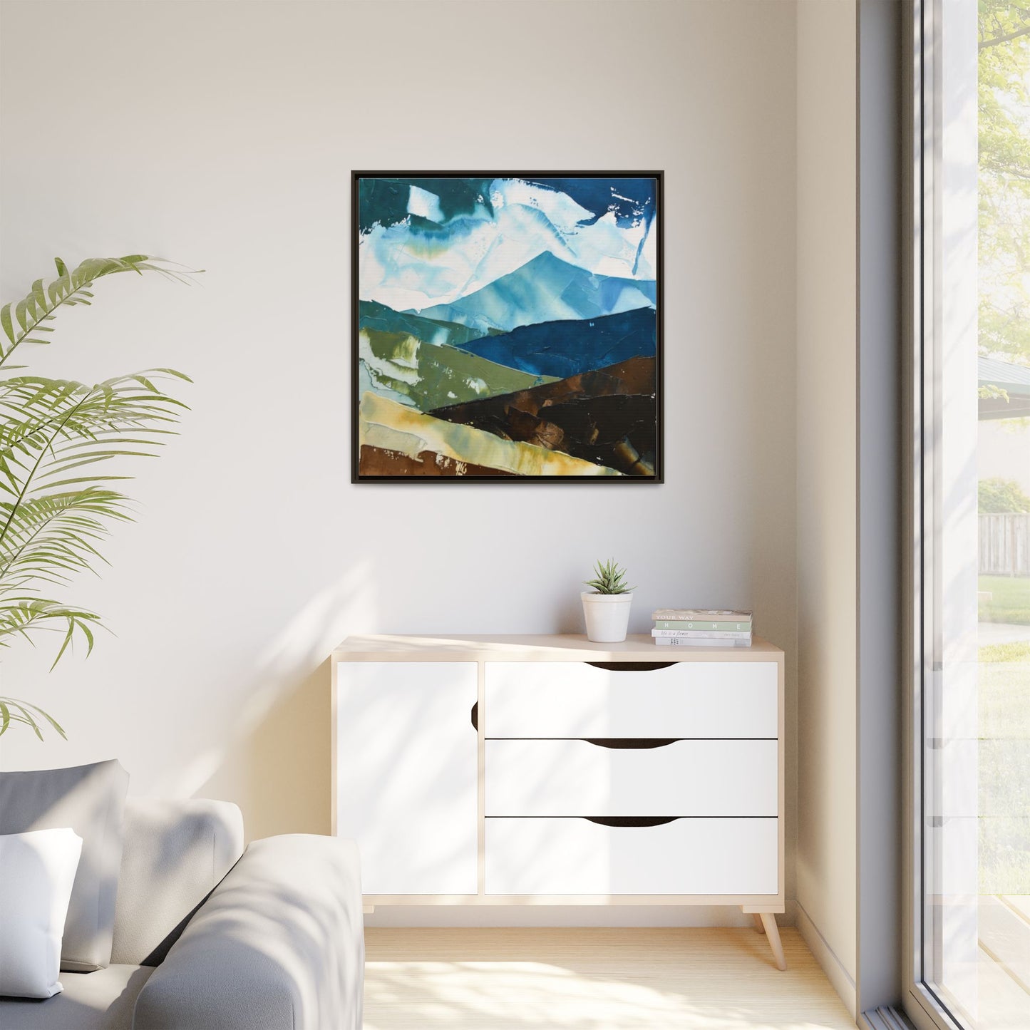 Framed Abstract Mountain Canvas Art — Blue & Earthtone Landscape Print