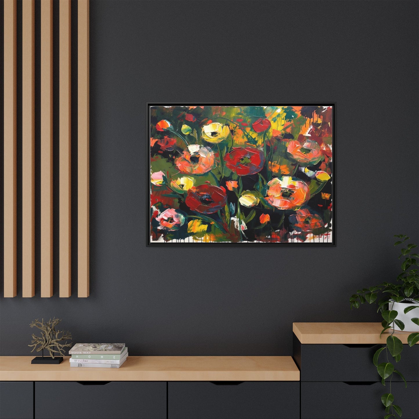 Framed Floral Canvas Print — Vibrant Abstract Poppies Wall Art