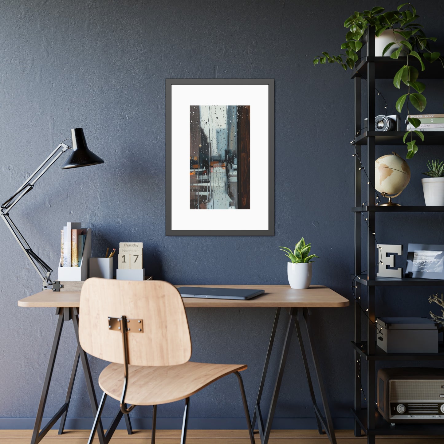 Framed Cityscape Poster — Rainy Window Urban Art Print
