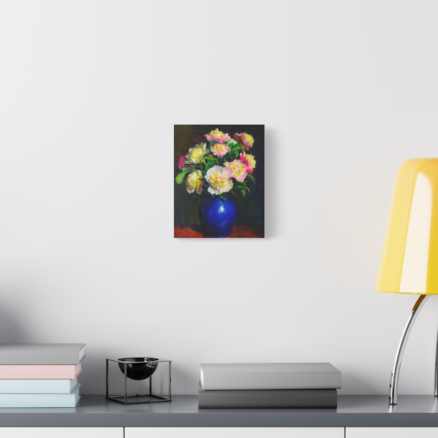 Peony Bouquet Canvas Print — Pink Peonies in Blue Vase, Stretched Matte Wall Art