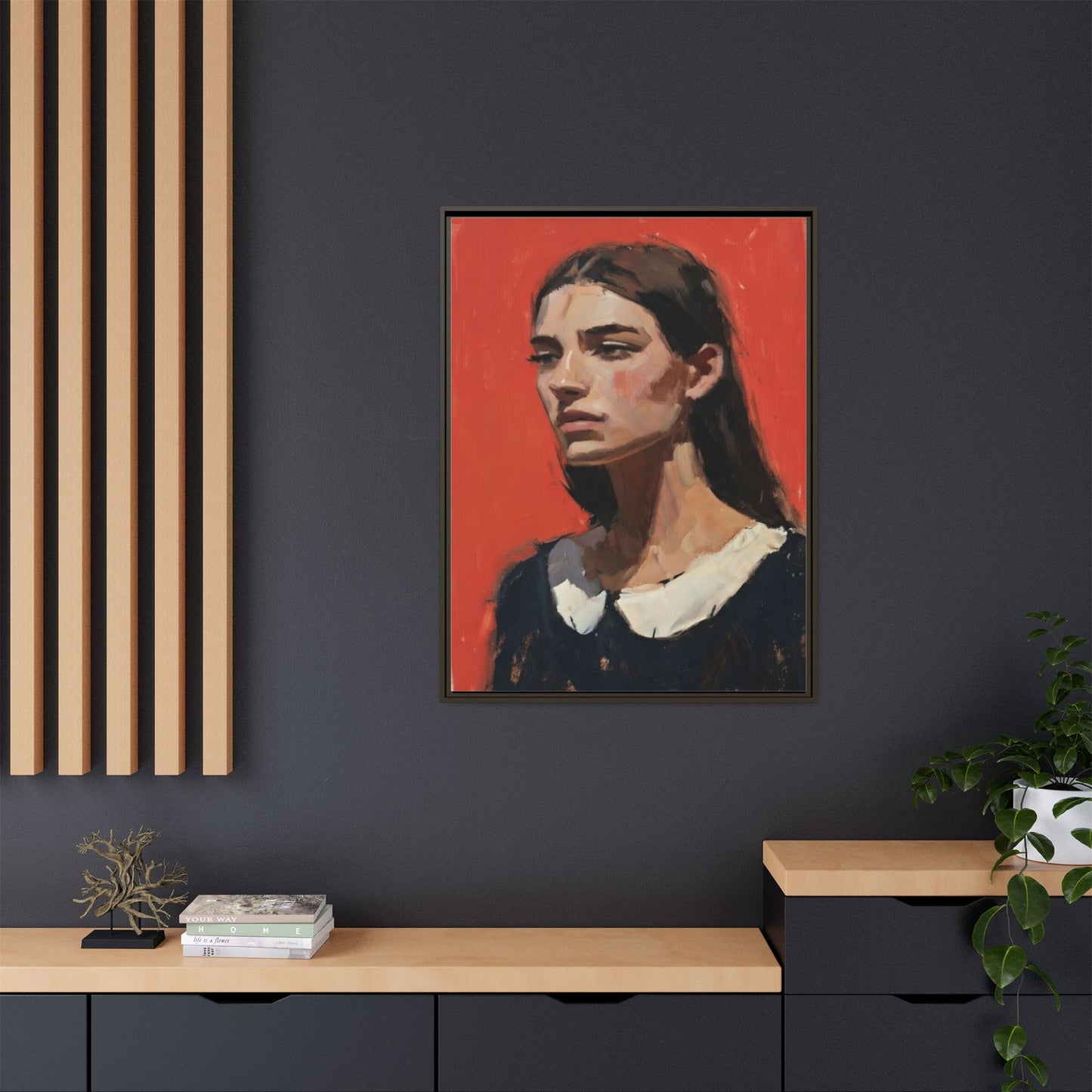 Framed Matte Canvas Portrait Print — Moody Red Figurative Art
