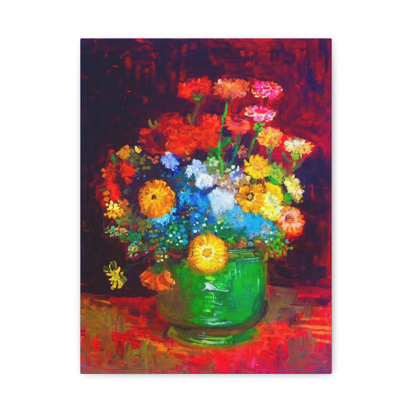 Floral Still Life Canvas Print — Vibrant Bouquet in Green Vase