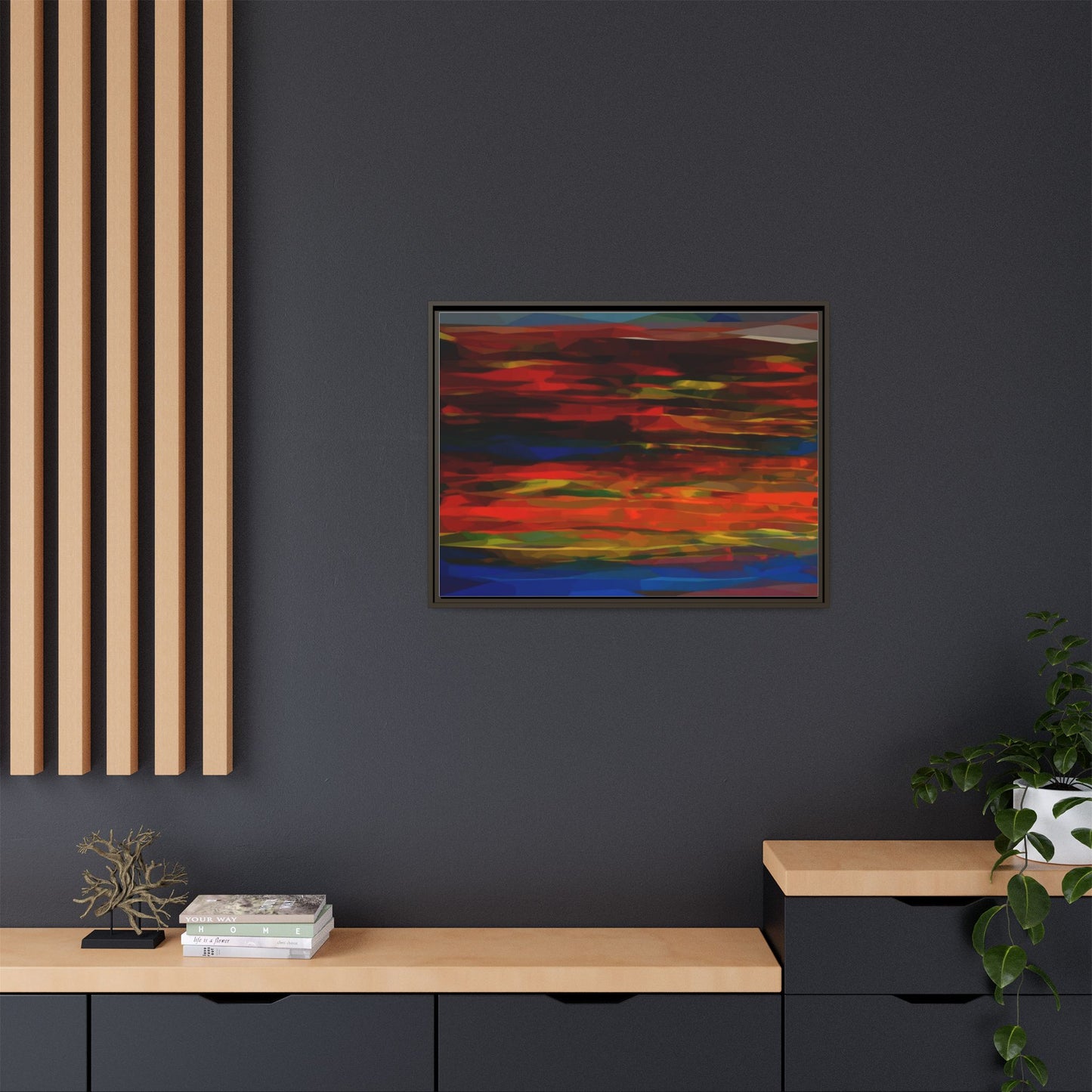 Abstract Multi-Color Matte Canvas Framed Wall Art — Bold Red & Blue Modern Painting