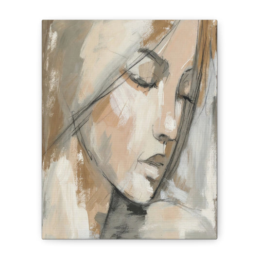 Serene Woman Portrait Matte Canvas Wall Art — Neutral Abstract Face Painting