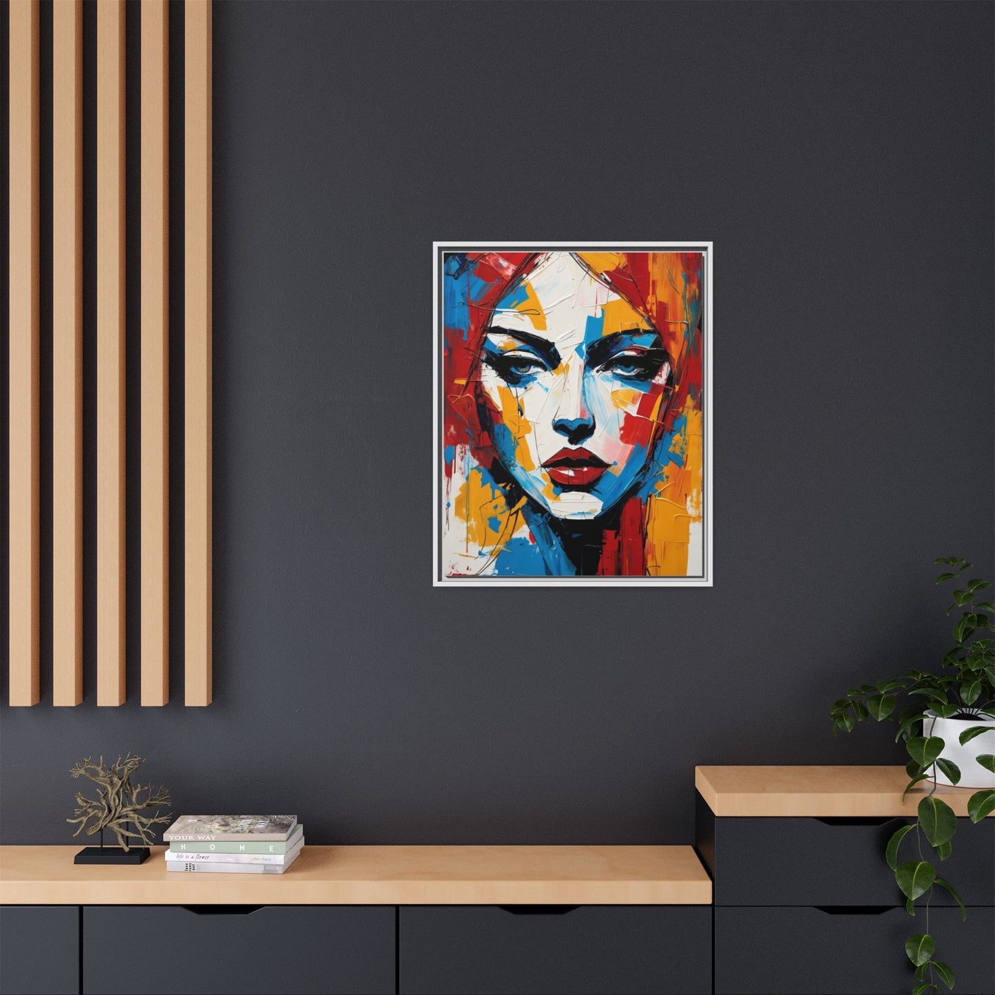 Framed Abstract Portrait Canvas — Colorful Female Face Wall Art