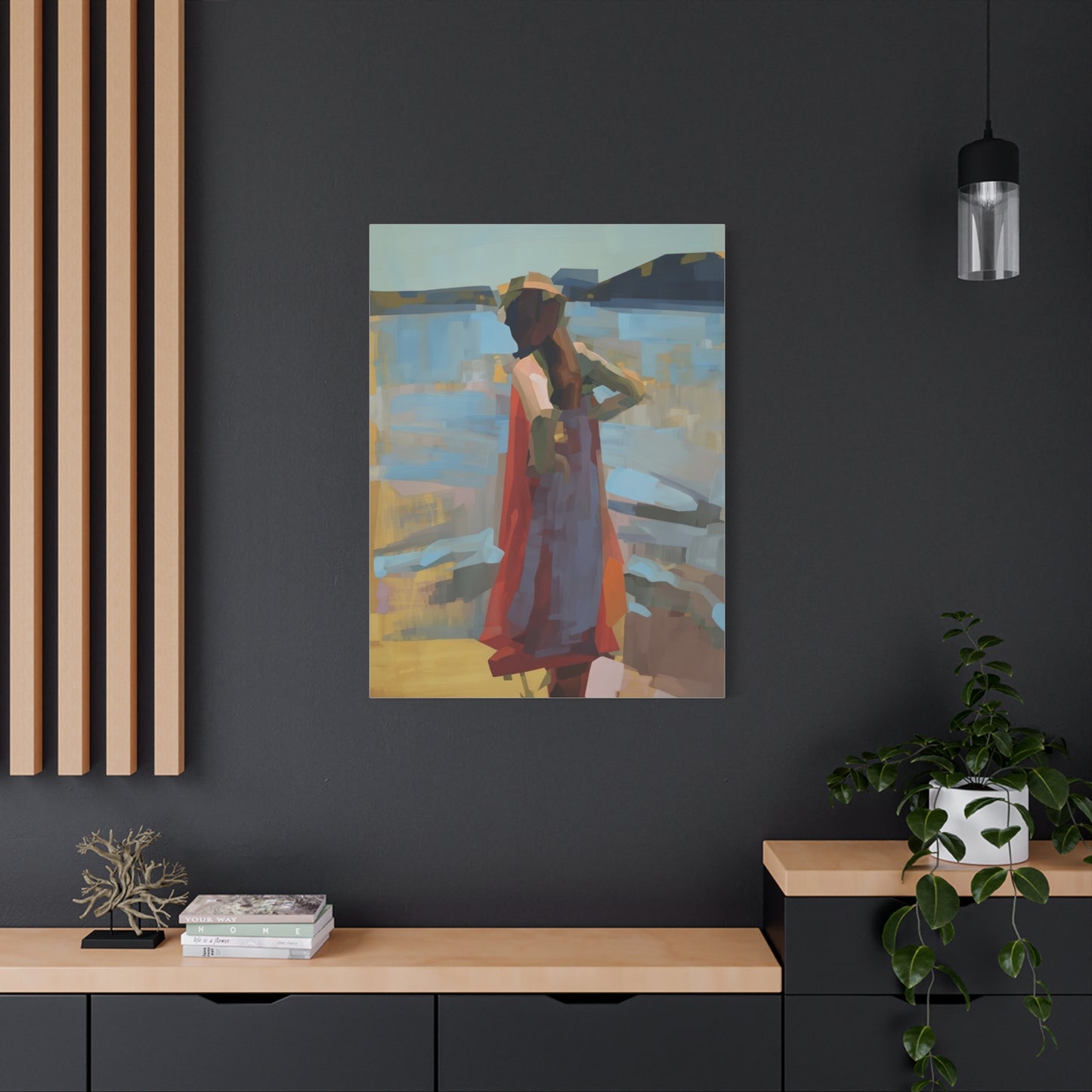 Coastal Stroll Matte Canvas Print — Abstract Woman in Red Dress, Stretched 1.25"