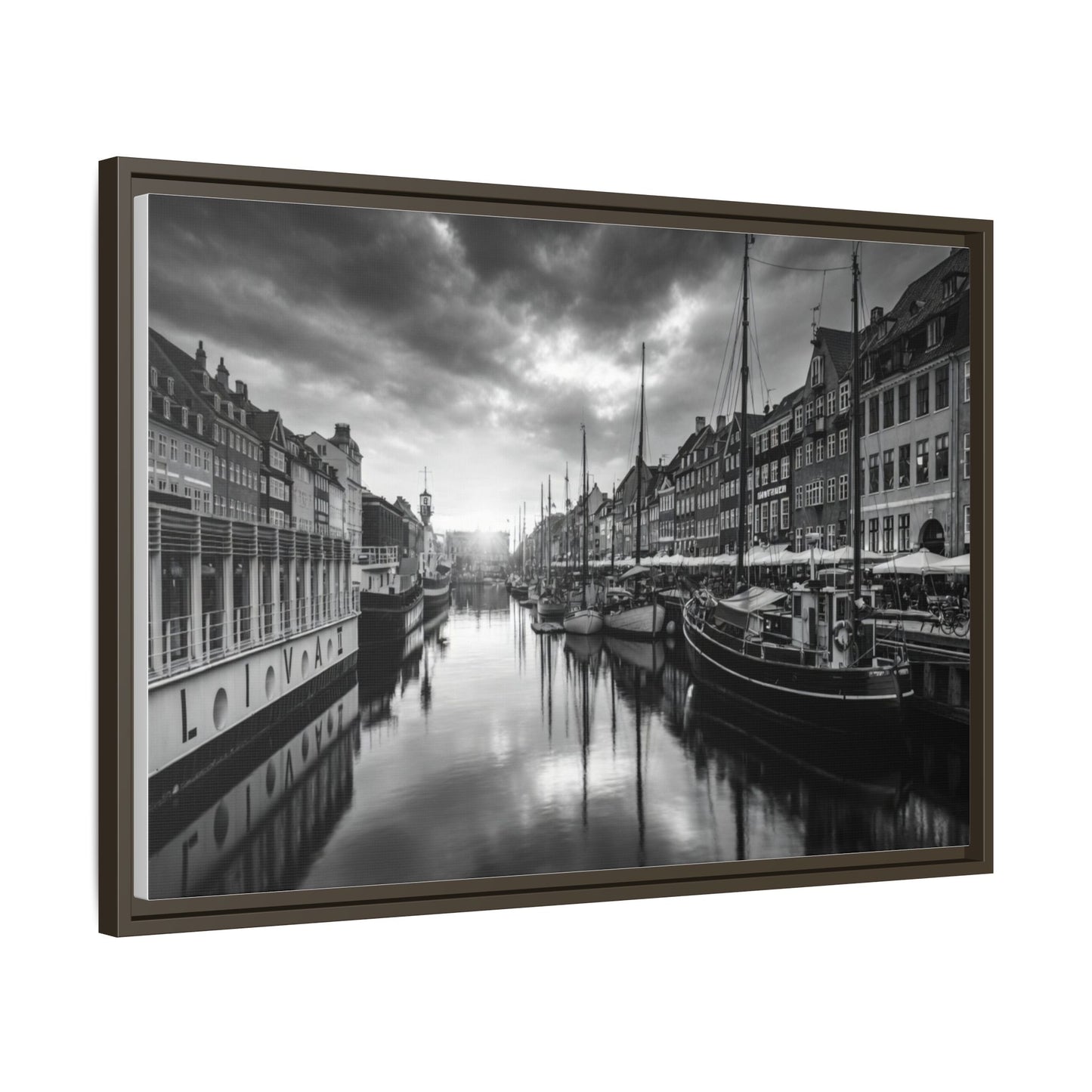 Framed Matte Canvas: Black & White Dutch Canal Photography Wall Art